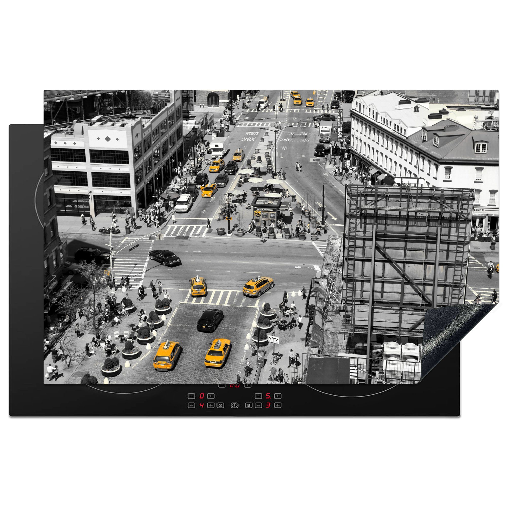 MuchoWow Herdblende-/Abdeckplatte Schwarz-Weiß-Luftaufnahme von Manhattan in den USA, Vinyl, (1 tlg), 81x52 cm, Induktionskochfeld Schutz für die küche, Ceranfeldabdeckung
