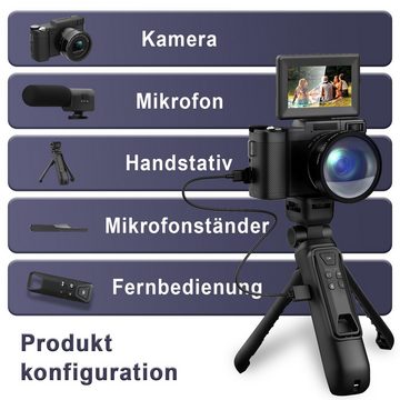 Fine Life Pro Digitalkamera 4K, 48MP Fotokamera mit 180° Flip 3.0" Bildschirm, Kompaktkamera (inkl. 16X Kompaktkamera (48 MP, inkl. Digitalzoom Kompaktkamera mit Stativ und Mikrofon)