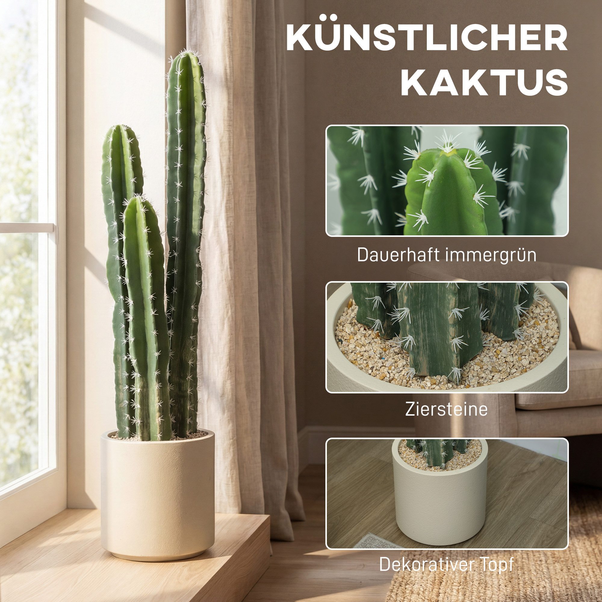 Kunstpflanze Künstliche Pflanzen im Topf, Säulenkaktus wie echt Kaktus, HOMCOM, Höhe 95 cm, Dekoration für Zuhause, Büro, Einweihungsgeschenke – Bild 4 von 5