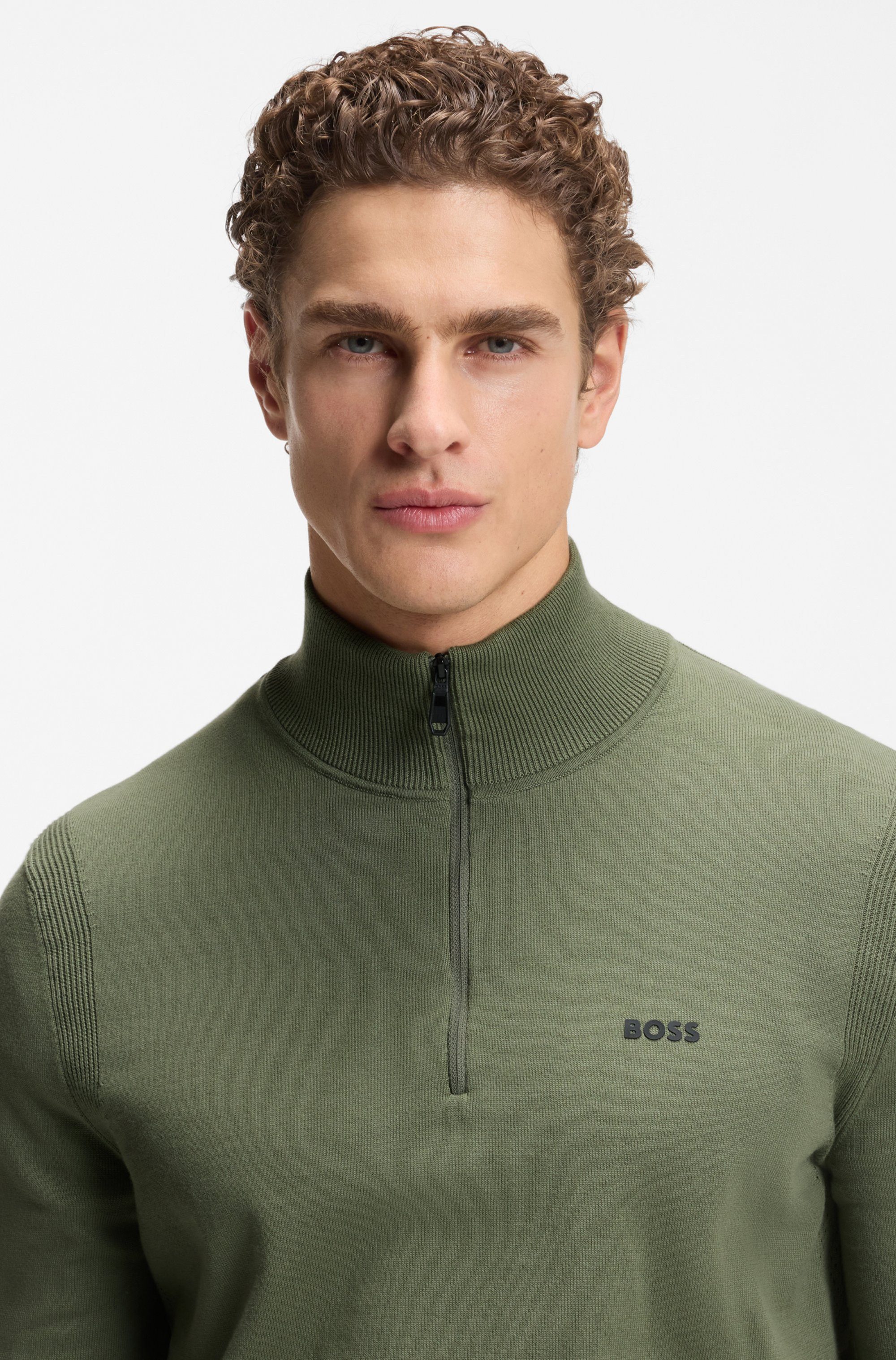 BOSS GREEN Strickpullover Stehkragen mit Reißverschluss, Regular fit, Logo- günstig online kaufen