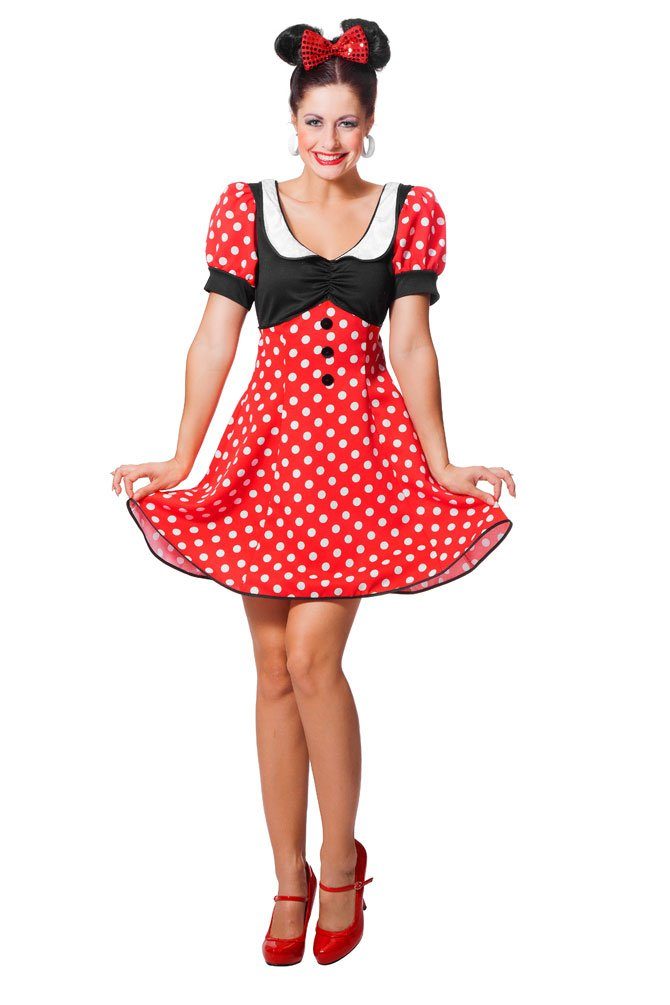 Karneval-Klamotten Kostüm Damen Minnie Maus-Kostüm, Maus Kleid für Damen in rot mit weißen Punkten