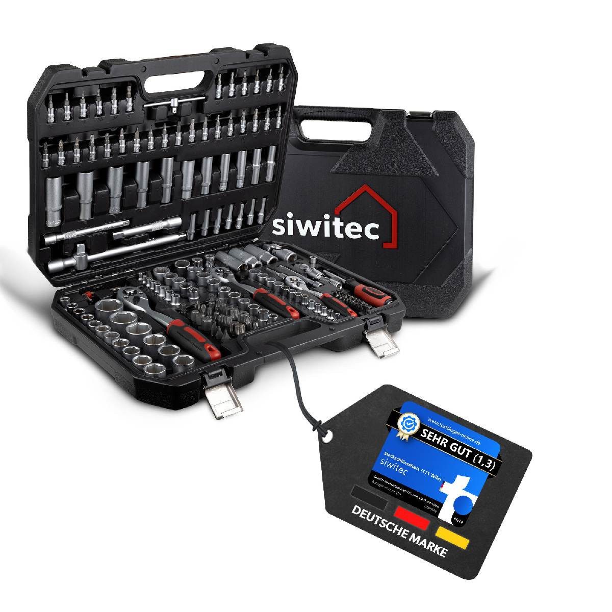 siwitec Bit- und Steckschlüsselset Steckschlüsselsatz 171-teilig, Ratschenkasten, 1/2", 1/4", 3/8", Knarr, Set, 171-St., Wahlweise mit 65 oder 171 Teilen erhältlich, mit 65 oder 171 Teilen, Chrom-Vanadium-Stahl, 72 Zahn-Ratschen