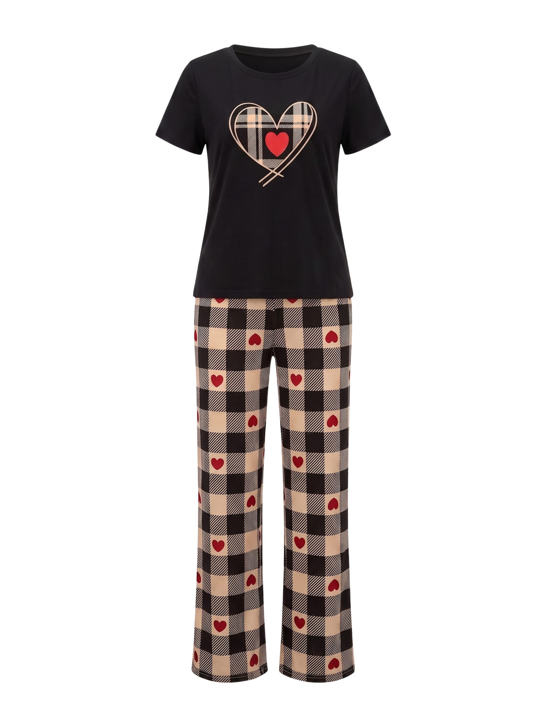 Elegant Love Pyjama Loungewear-Set Damen – Schlafanzug mit Herzprint und Karohose (Set, 2 tlg., Kurzarmshirt und lange Schlafhose) Nachtwäsche – Hausanzug mit T – Bild 2 von 5