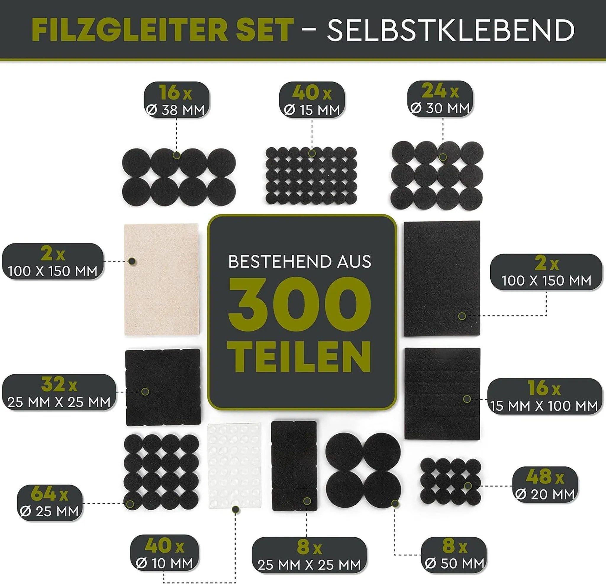 GiglioCollection Möbelfuß PREMIUM FILZGLEITER Set 300 TLG. - selbstklebend & zuschneidbar, (Set, 300-St)