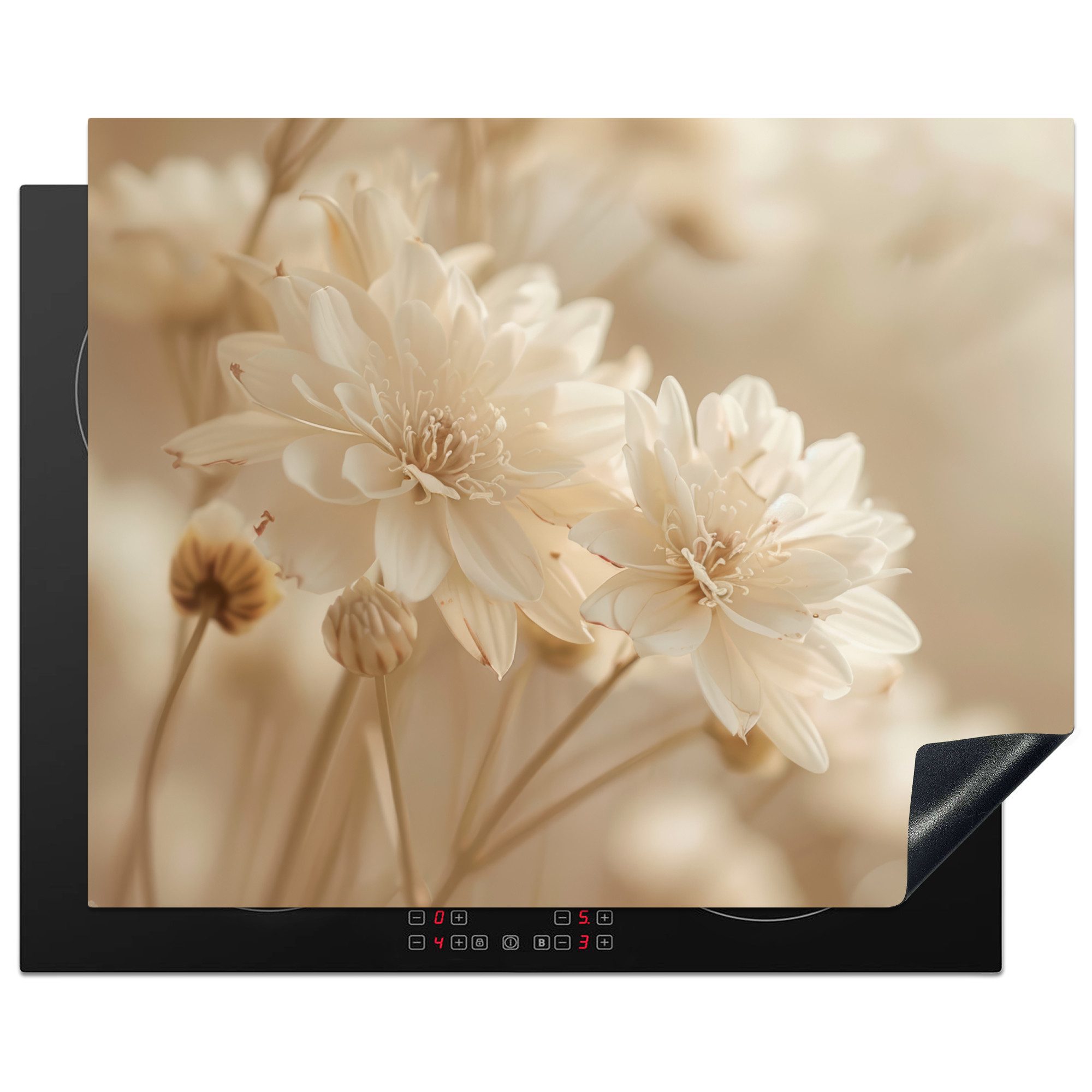 MuchoWow Herd-Abdeckplatte Blumen - Beige - Natur, Vinyl, (1 tlg), Herdabdeckplatten für Ceranfeld, Induktionsschutz, 65x55 cm