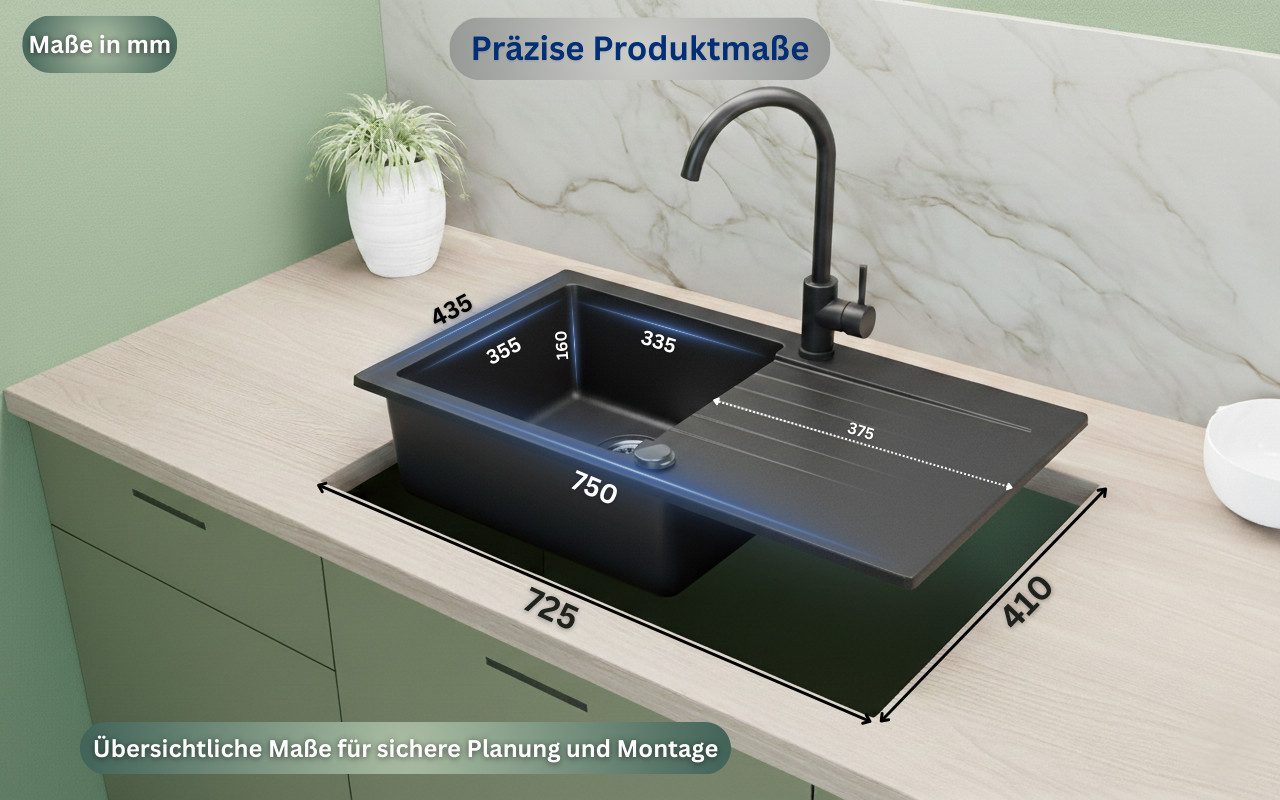Faizee Möbel Granitspüle Granitspüle Küchenspüle mit Siphon Einbauspüle verschiedene Modelle, Eckig, 75/45 cm