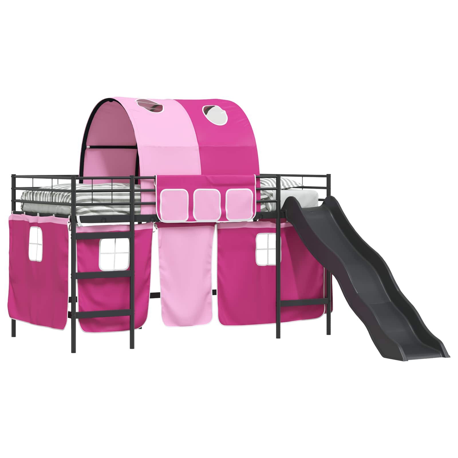 vidaXL Bett Etagenbett für Kinder mit Vorhängen Uni Schwarz und Pink Metall (1-tlg)