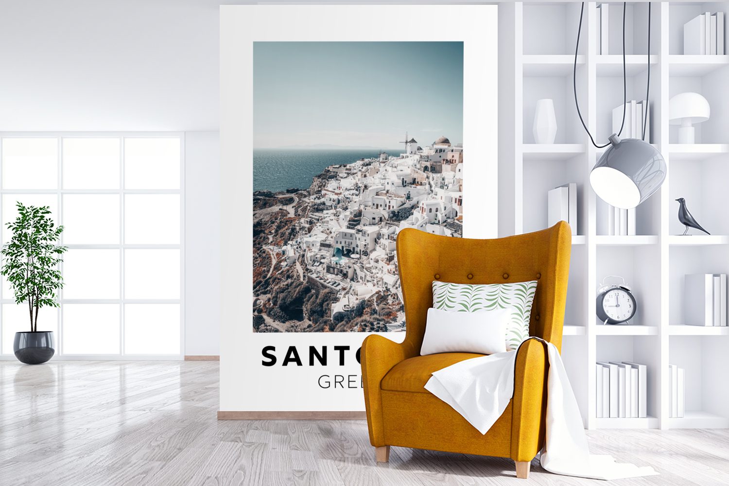 Montagefertig Santorin MuchoWow Wohnzimmer, für Matt, - bedruckt, Vinyl Wandtapete Tapete Berg, Griechenland - St), Fototapete (3