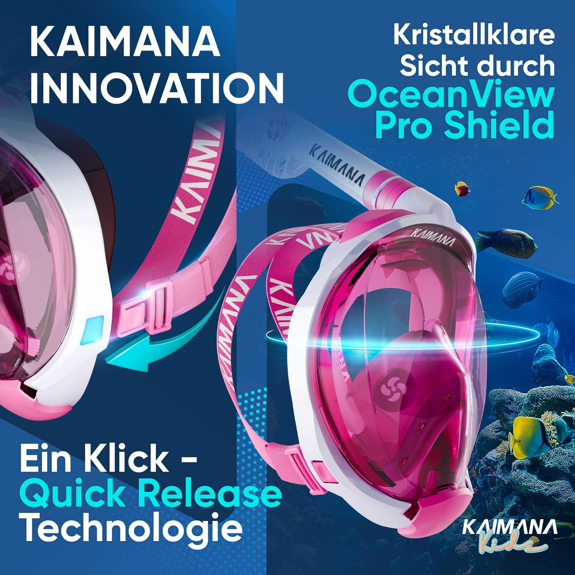 KAIMANA Tauchermaske - Die Preisgekrönte Schnorchelmaske Kinder inkl. Tragetasche, (Taucherbrille Kinder 4 Jahre - Kinder Schnorchelmaske), absolut CO₂ sichere Tauchmaske Kinder - Tauchermaske Kinder