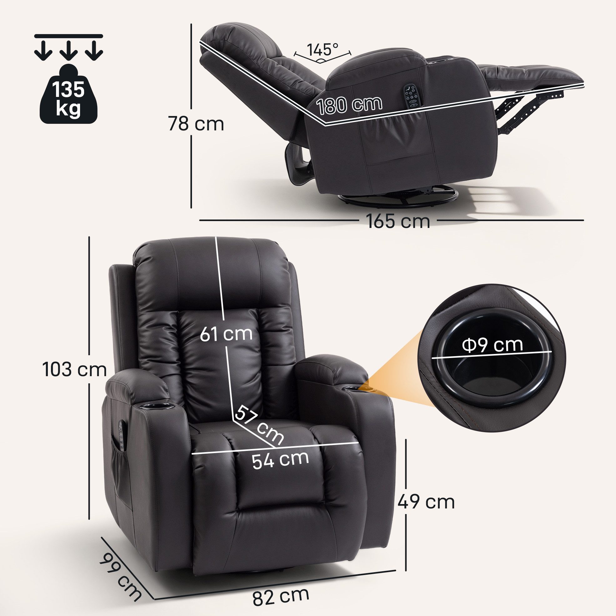 HOMCOM Massagesessel Relaxsessel mit Liegefunktion, Fernsehsessel mit Wippfunktion (Relaxsessel, 1-St., Fernsehsessel), Massage- und Wärmefunktion, Hellgrau