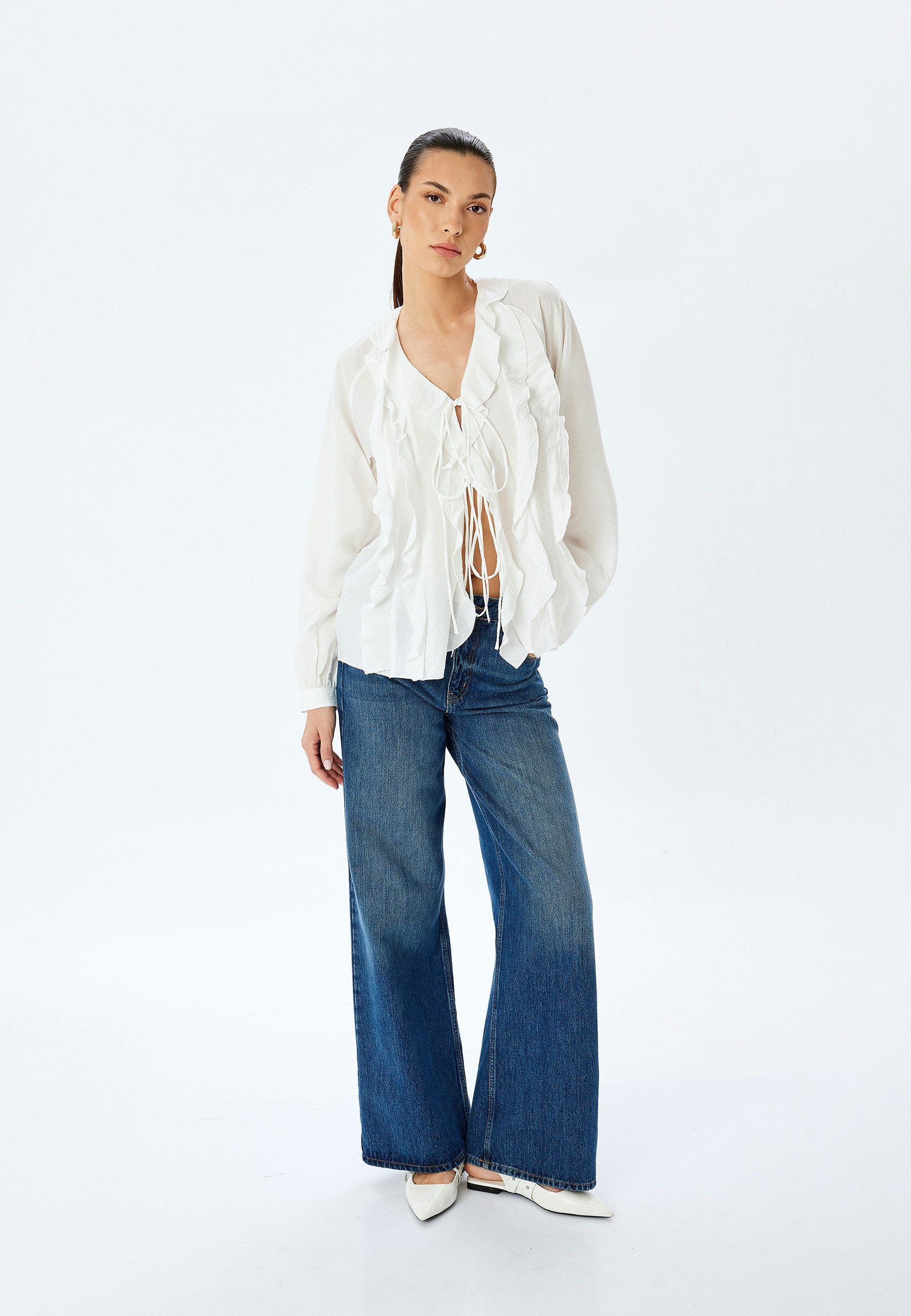 Koton Rüschenbluse Langärmelig V-Kragen Rüschenbluse günstig online kaufen