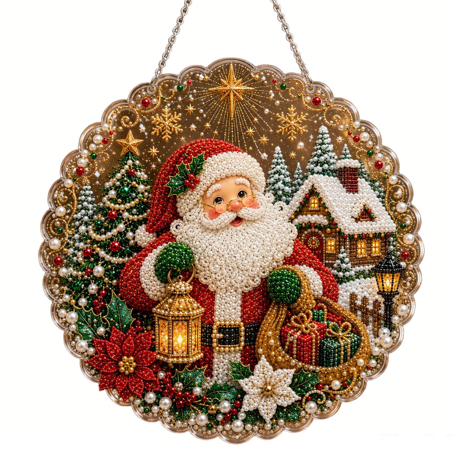 Bomiclss Kreativset Weihnachtsschmuck mit Perle und Diamant,Verfügt über 3D-Perlen, Runder Acryl-Anhänger mit Spitzenbordüre für Weihnachtsbaum