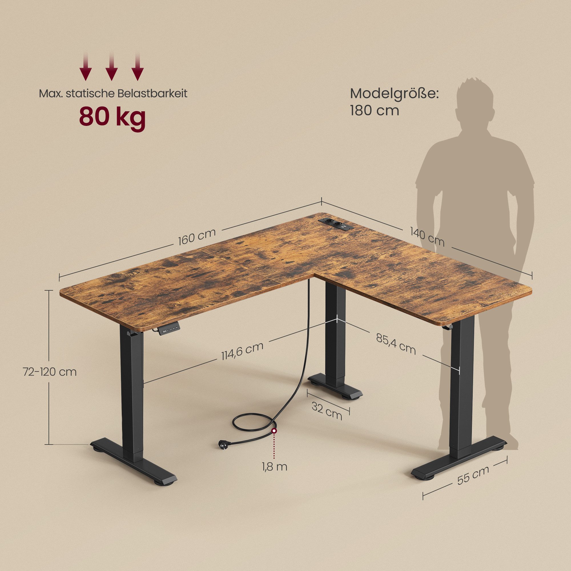 VASAGLE Schreibtisch Höhenverstellbarer Schreibtisch elektrisch (L-förmiger Eckschreibtisch), mit Ladestation, 160 cm, Memory-Funktion mit 2 Höhen