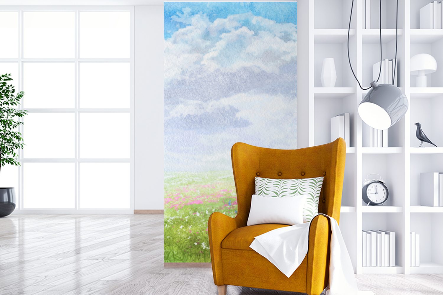 Wohnzimmer - Landschaft, Fototapete Küche, (2 Blumen Fototapete St), für MuchoWow bedruckt, Schlafzimmer - Matt, Vliestapete Aquarell