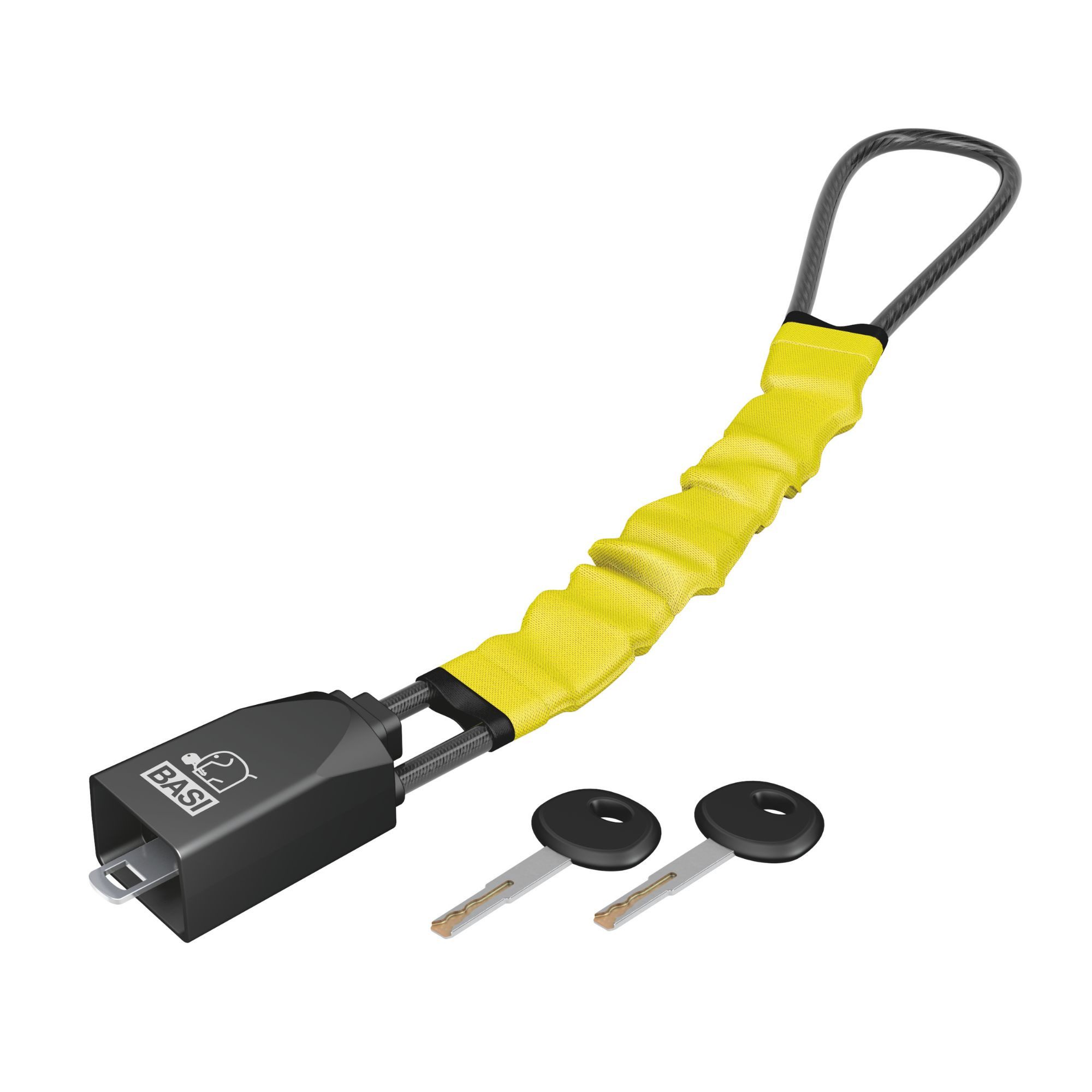BASI Lenkradkralle Sicherheitsgurtschloss (Packung), Gurtschloss PKW LKW, gelbe Nylonummantelung, inkl. 2 Schlüsseln