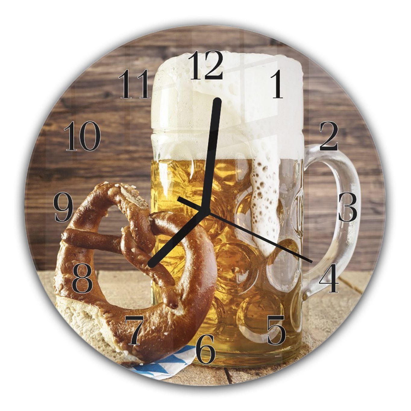 Primedeco Wanduhr Wanduhr aus Glas mit Motiv Krug Bier mit Brezel - Rund mit Durchmesser 30 cm und Quarzuhrwerk