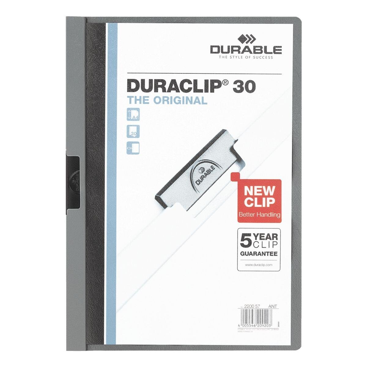 DURABLE Hefter Duraclip 30, mit Klemmfunktion, Format DIN A4, bis 30 Blatt anthrazit