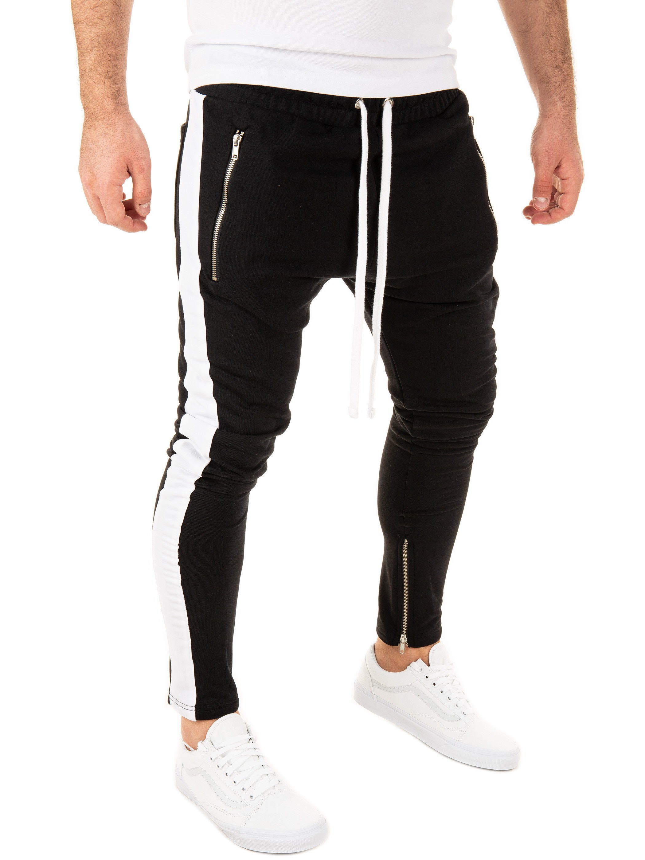 elastischem, PITTMAN Pittman mit / (black Kordelzug 1601) Pant mit Shcwarz (1-tlg) Retro white Bund Track Jogginghose Zip -