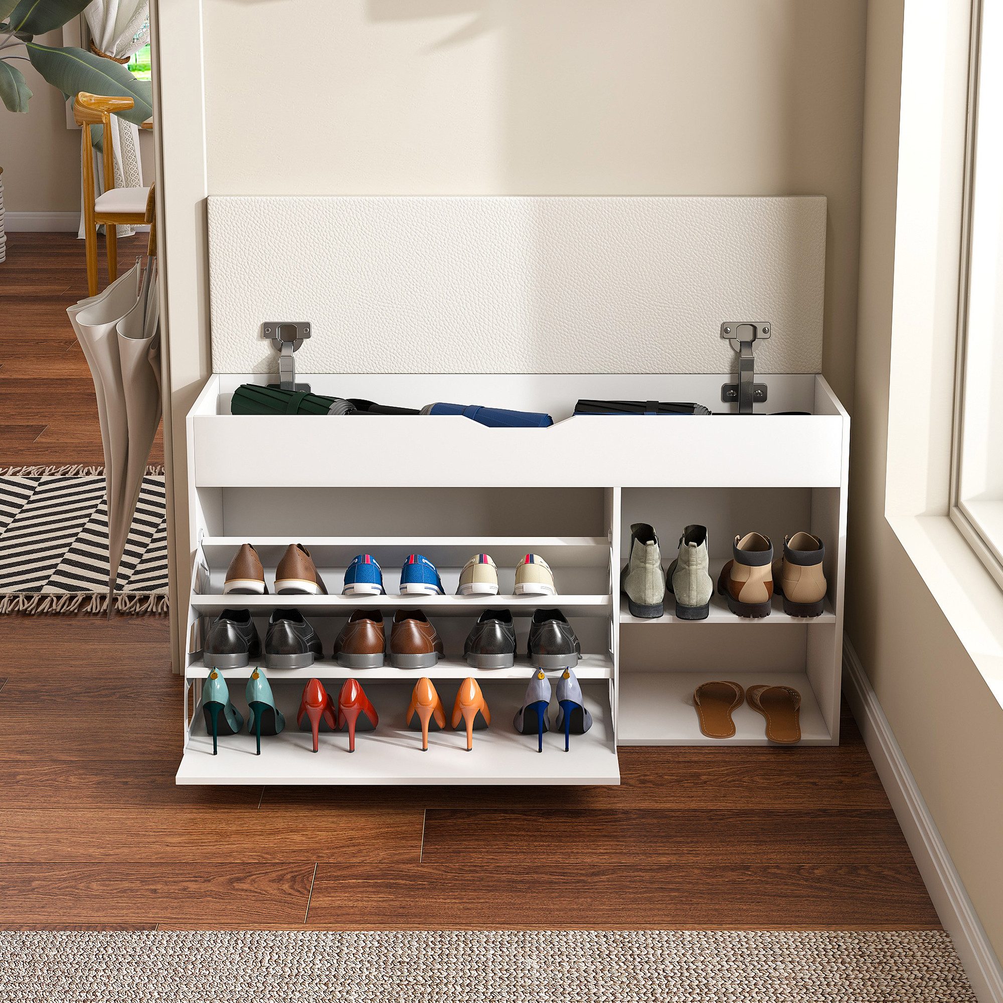 HAUSS SPOLE Schuhbank mit aufklappbarem Staufach,Sitzbank Flurbank mit Klappdeckel,Weiß (Garderobenbank Schuhsitzbank mit integriertem Stauraumkonzept für den Eingangsbereich), B100/D30/H52cm