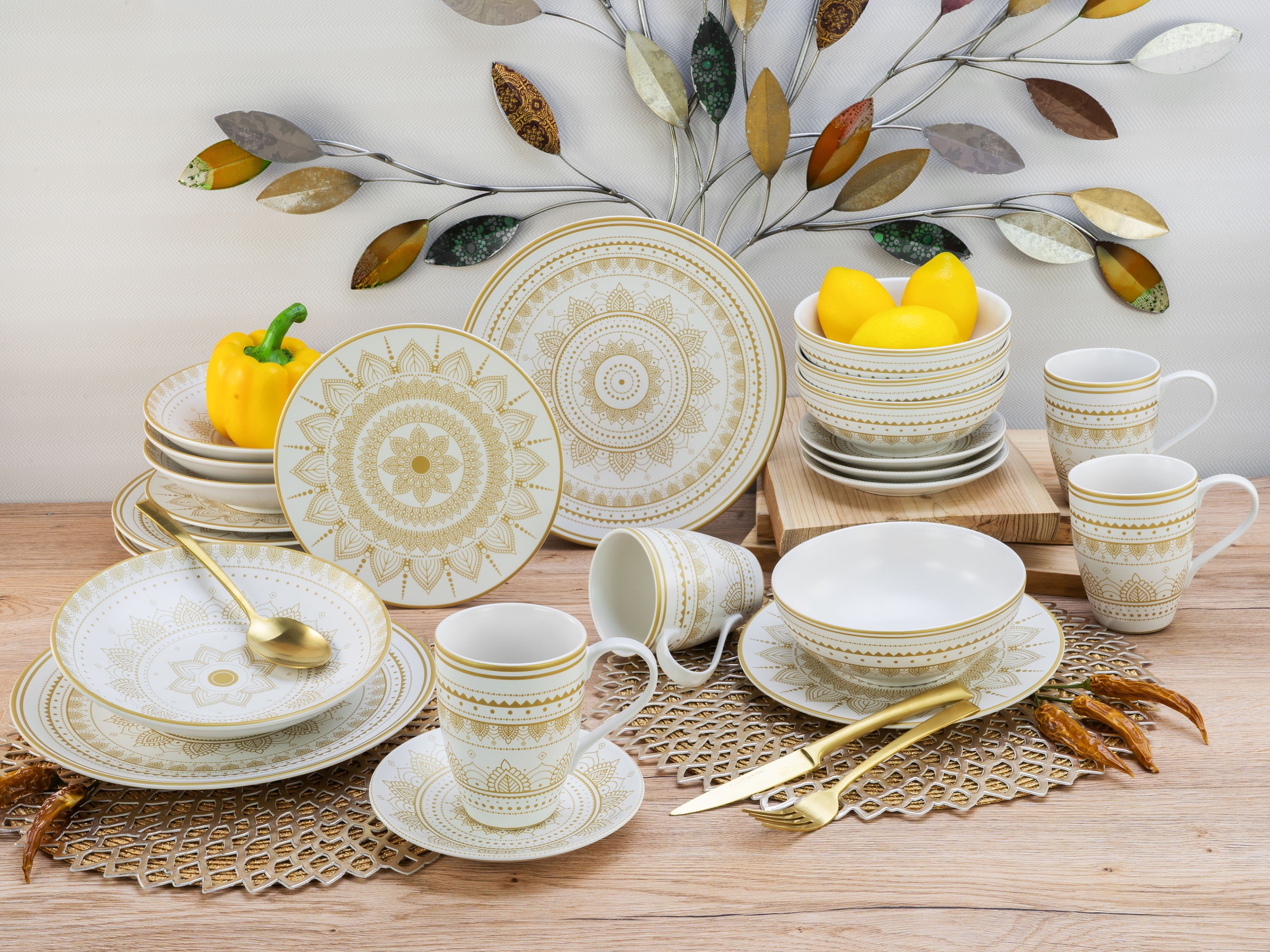 CreaTable Kombiservice Mandala Gold (8-tlg), 2 Personen, Steinzeug, Service, goldene orientalische Motive, 8 Teile, für 2 Personen