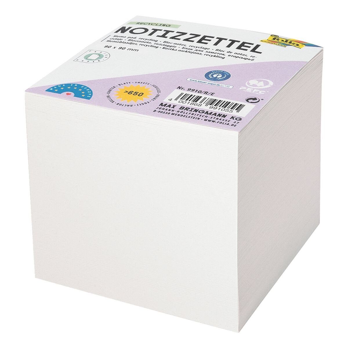 Folia Notizzettel Recycling, 90x90 mm, weiß, 650 Blatt
