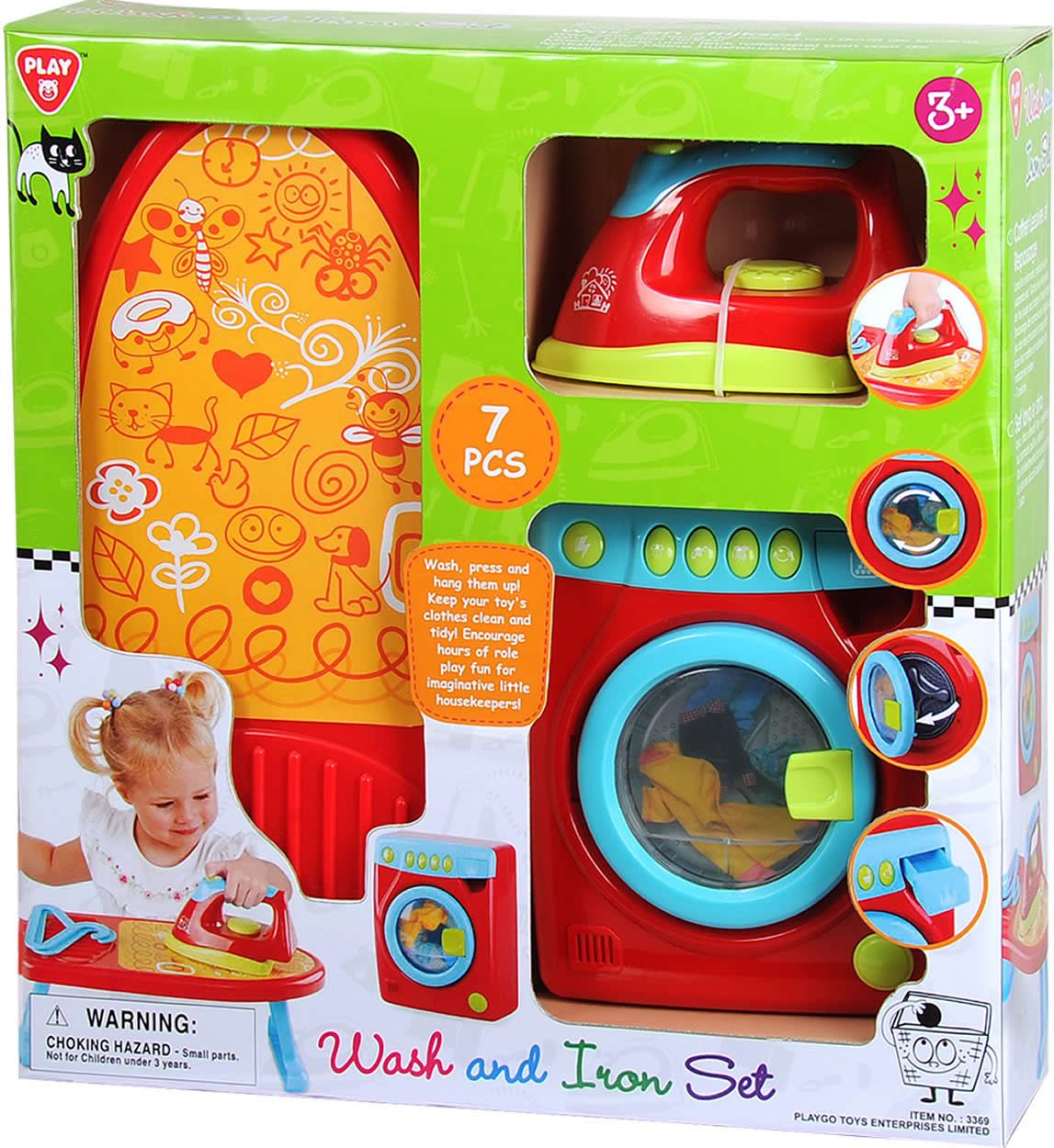 Play Kinder-Bügeleisen Kinder Haushaltset 7-tlg. m. Waschmaschine Bügelbrett Bügeleisen +3J