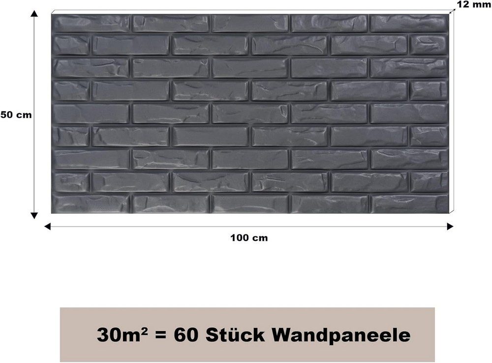 MDEKOR 3D Wandpaneel MDEKOR XPS Dekorative für Innenräume, (60-tlg) 30 m², Ziegeloptik 50x100 cm Brick Anthracite, Paneele 12 mm dick