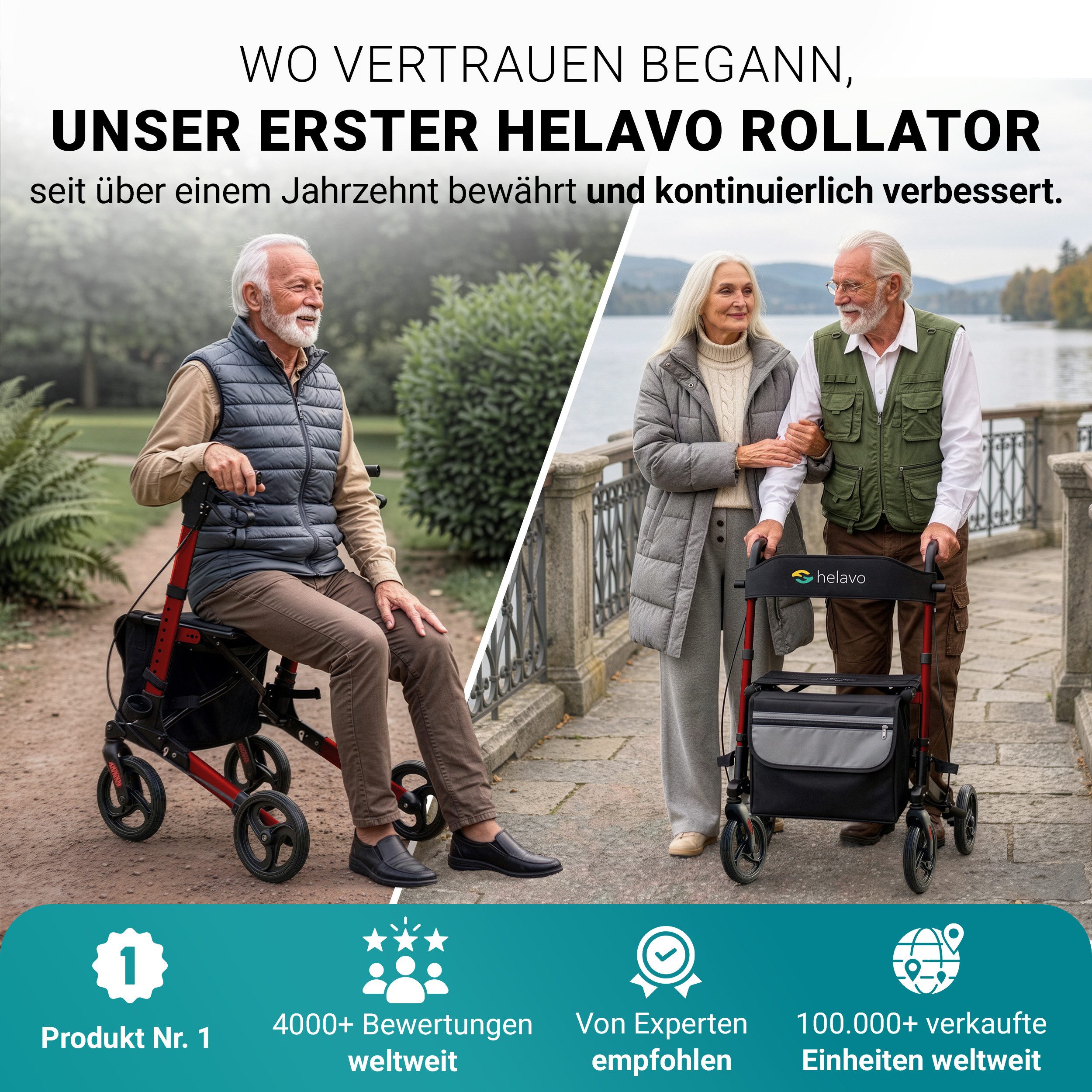 Helavo Rollator H1010, faltbarer Reise-Rollator mit Sitz und Reisetasche