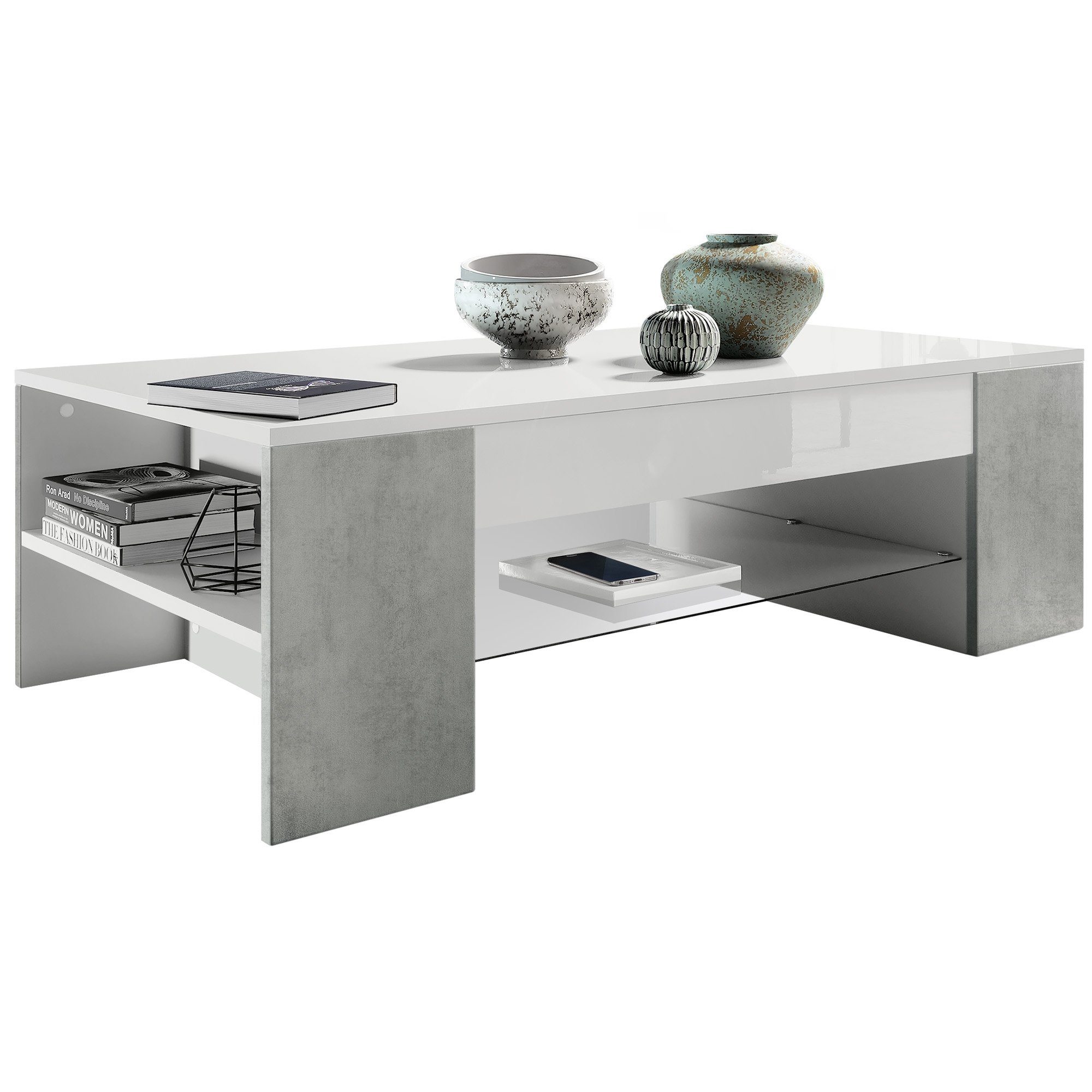 Vladon Couchtisch Clip Weiß Beton 1 Oxid 37 in Seitenfächern Oxid-Optik(118 x matt/ 60 mit (Wohnzimmertisch, Beton und Optik Blenden Glasplatte), x 2 cm)