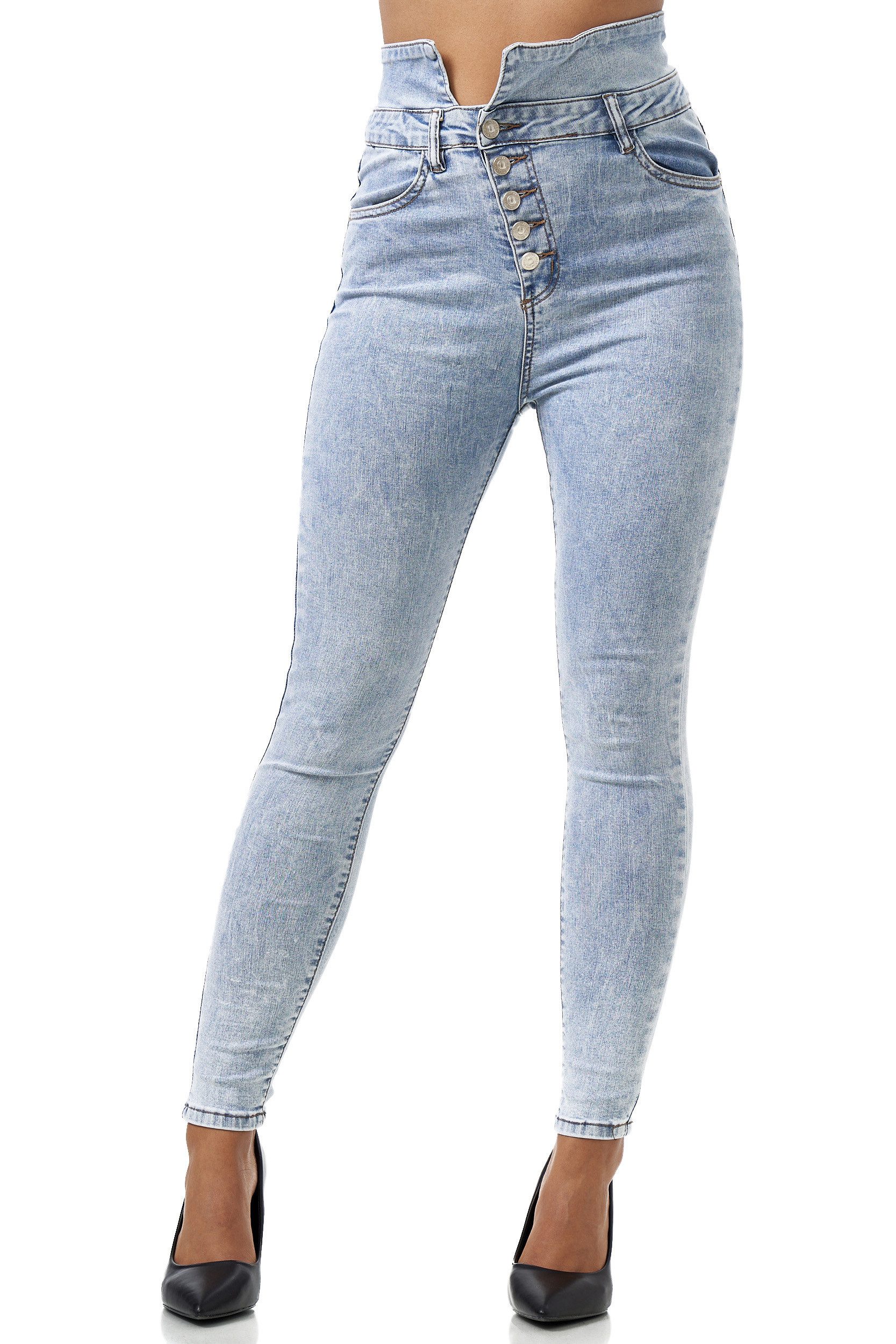 Elara Straight-Jeans — Damen High-Waist Skinny Jeans mit Korsettbund und Knopfleiste