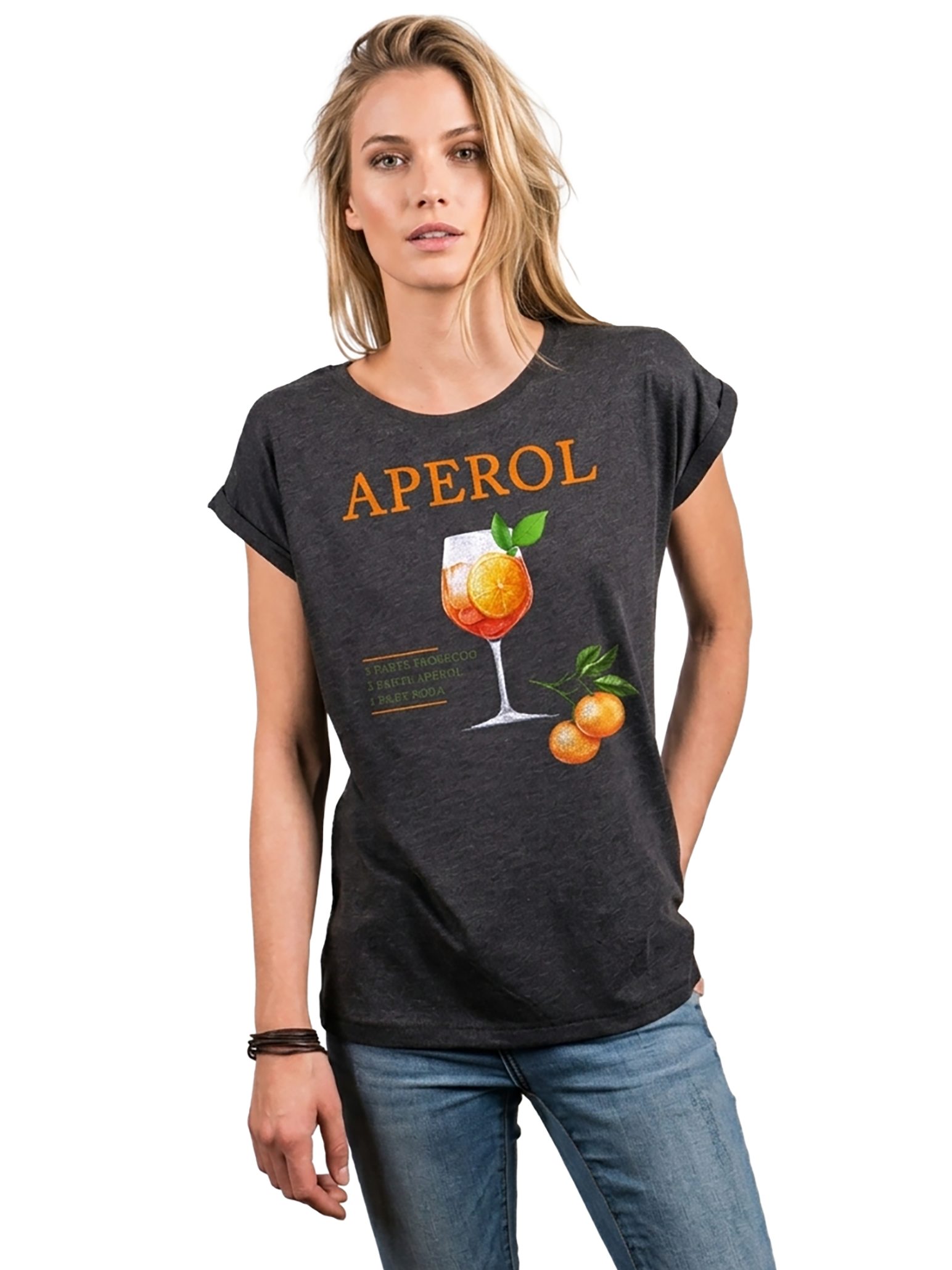 MAKAYA Print-Shirt Damen mit Orangen Motiv Aperol Spritz Glas Party Outfit Lässig Elegant (Schwarz, Weiß, Blau, Grau, Grün, Rosa, 34, 36, 38, 40, 42, 44, 46, 48, 50) große Größen