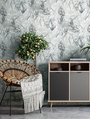 Newroom Vliestapete, Grau Tapete Modern Dschungel - Mustertapete Blumentapete Weiß Schwarz Tropisch Floral Palmen Blätter für Wohnzimmer Schlafzimmer Küche