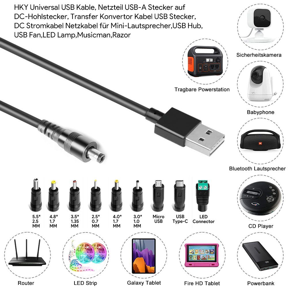 HKY 11 in 1 USB zu DC Kabel Konverter Universal Adapter USB Kabel Netzteil  (für Tablet JBL Pulse Samsung Handy Ladegerät)