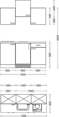 Flex-Well Küche Florenz, Breite 150,5 cm, mit Unterbau-Kühlschrank, Kochfeld und Spüle