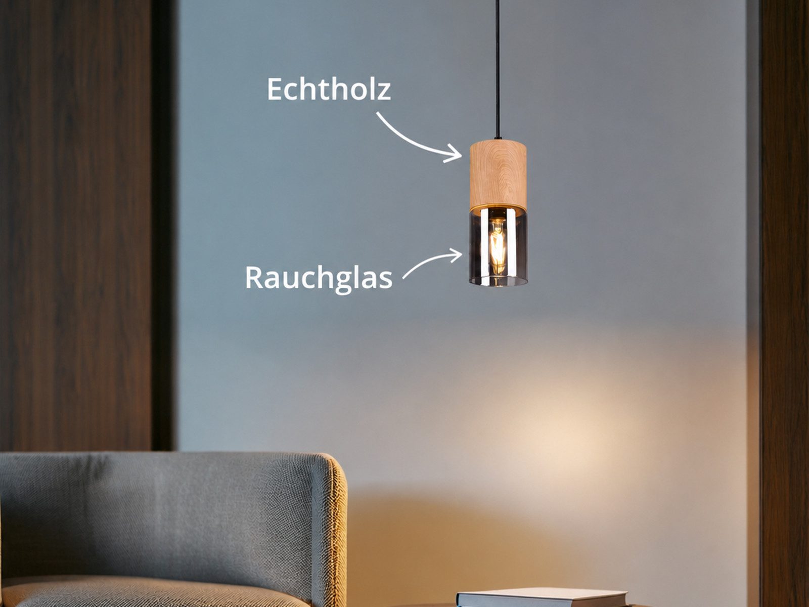 meineWunschleuchte Pendelleuchte mit Holz & Rauchglas Ø 10cm, ohne Leuchtmittel, kleine Hängelampe Nachttisch Wohnzimmerlampe, Esstischlampe hängend