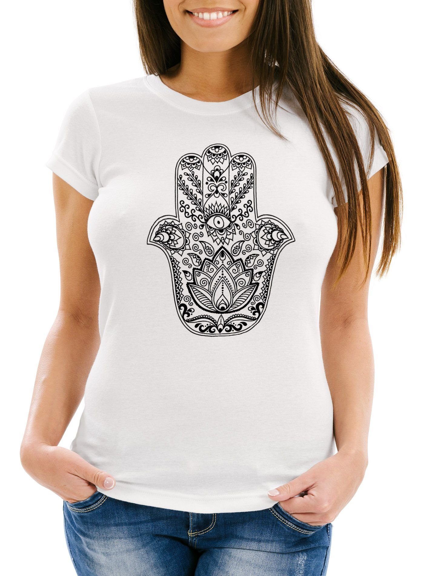 Print-Shirt Damen T-Shirt Hamsa Hand der Fatima Glücksbringer Symbol Slim Fit