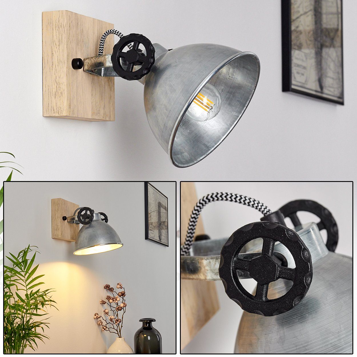 mit Design Wandlampe in hofstein Strahler, ohne 1xE14, Deckenleuchte »Mot« Retro/Vintage Leuchtmittel, aus Metall Holz und verstellbarem Silber/Braun,