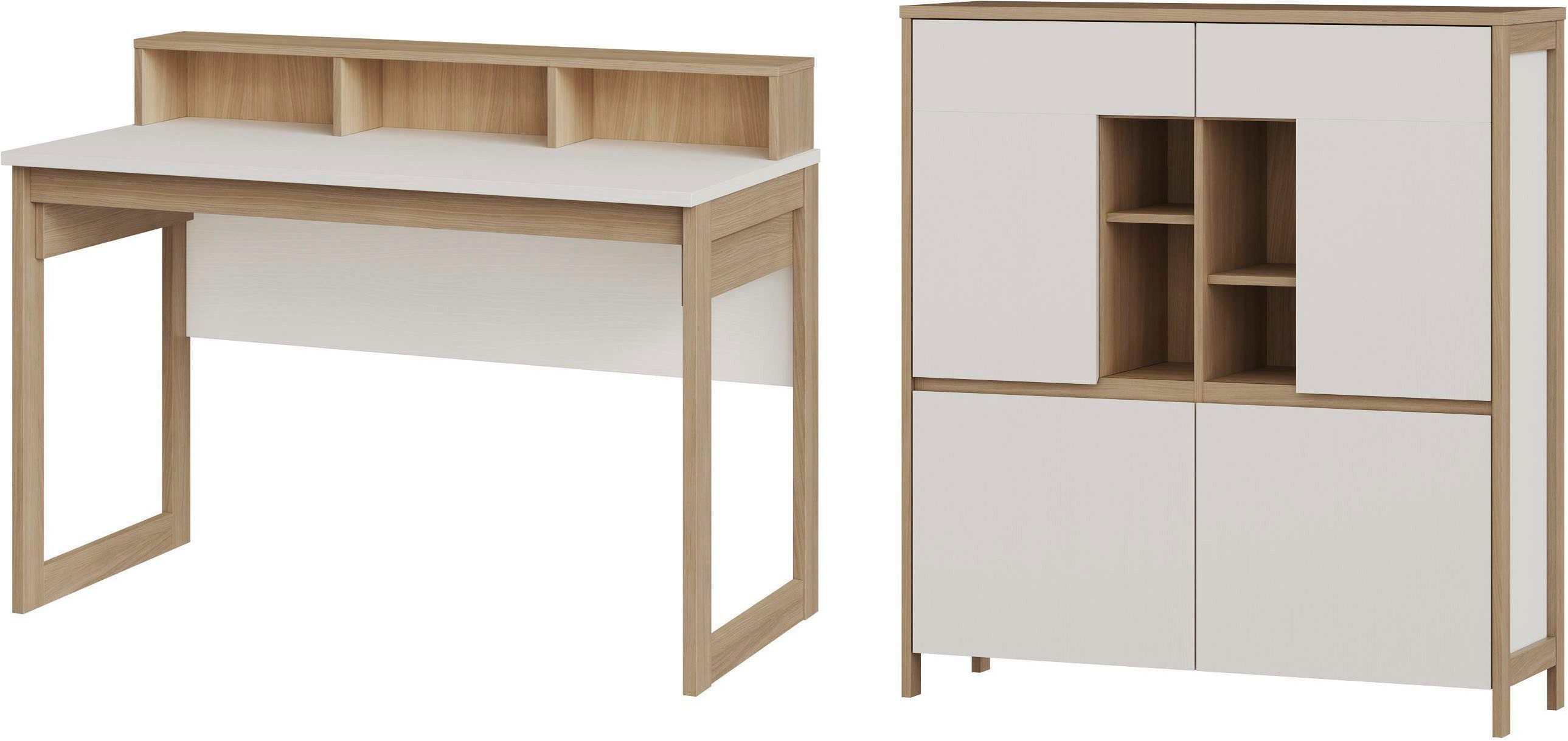 Home affaire Büromöbel-Set Stranda im Scandi-Style, Home Office, Büro in zwei Farben verfügbar, (2-tlg), enthält Schreibtisch, Highboard