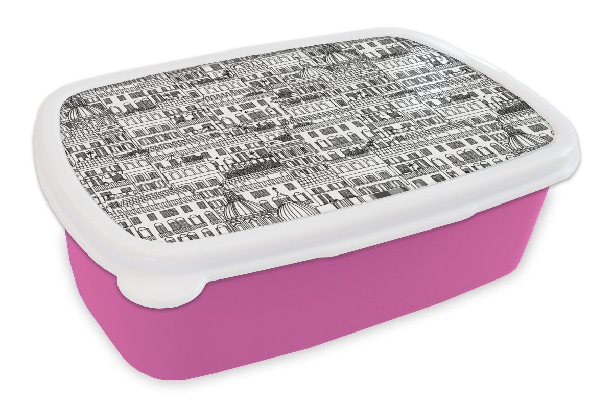 MuchoWow Lunchbox Muster - Italien - Haus, Kunststoff, (2-tlg), Brotbox für Erwachsene, Brotdose Kinder, Snackbox, Mädchen, Kunststoff rosa