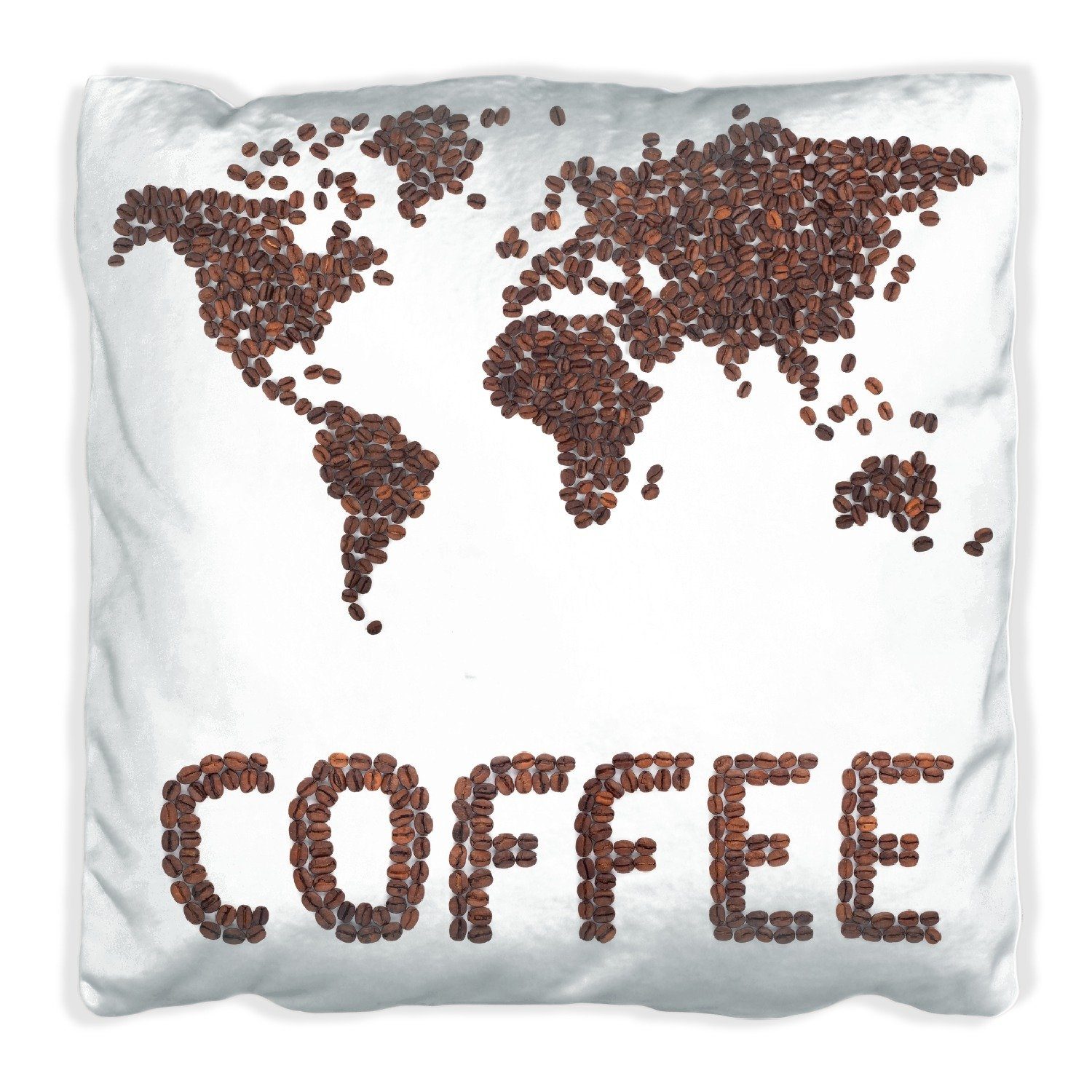 Kaffeebohnen, Weltkarte aus handgenäht Schriftzug Dekokissen Wallario mit