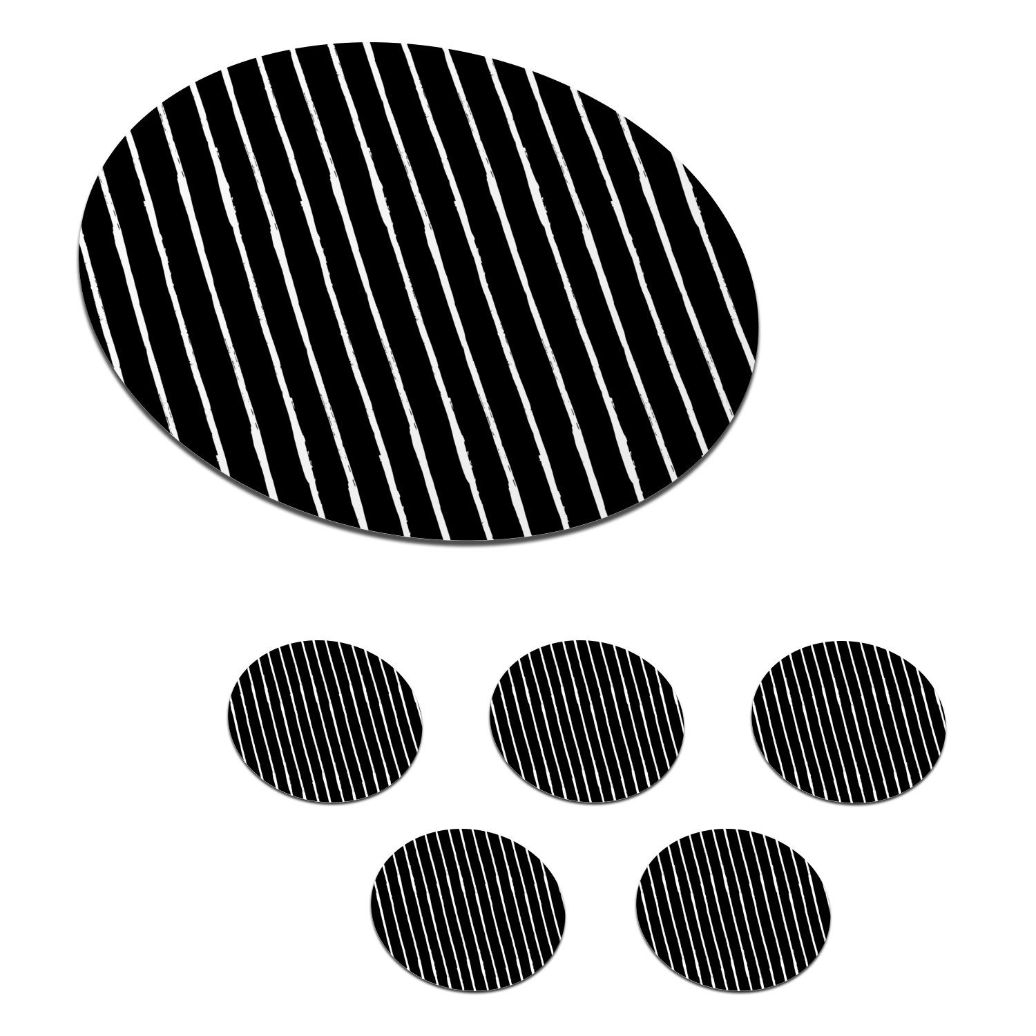 MuchoWow Glasuntersetzer Streifen - Schwarz - Design - Weiß, Zubehör für Gläser, 6-tlg., Getränkeuntersetzer, Tassenuntersetzer, Korkuntersetzer, Tasse, Becher