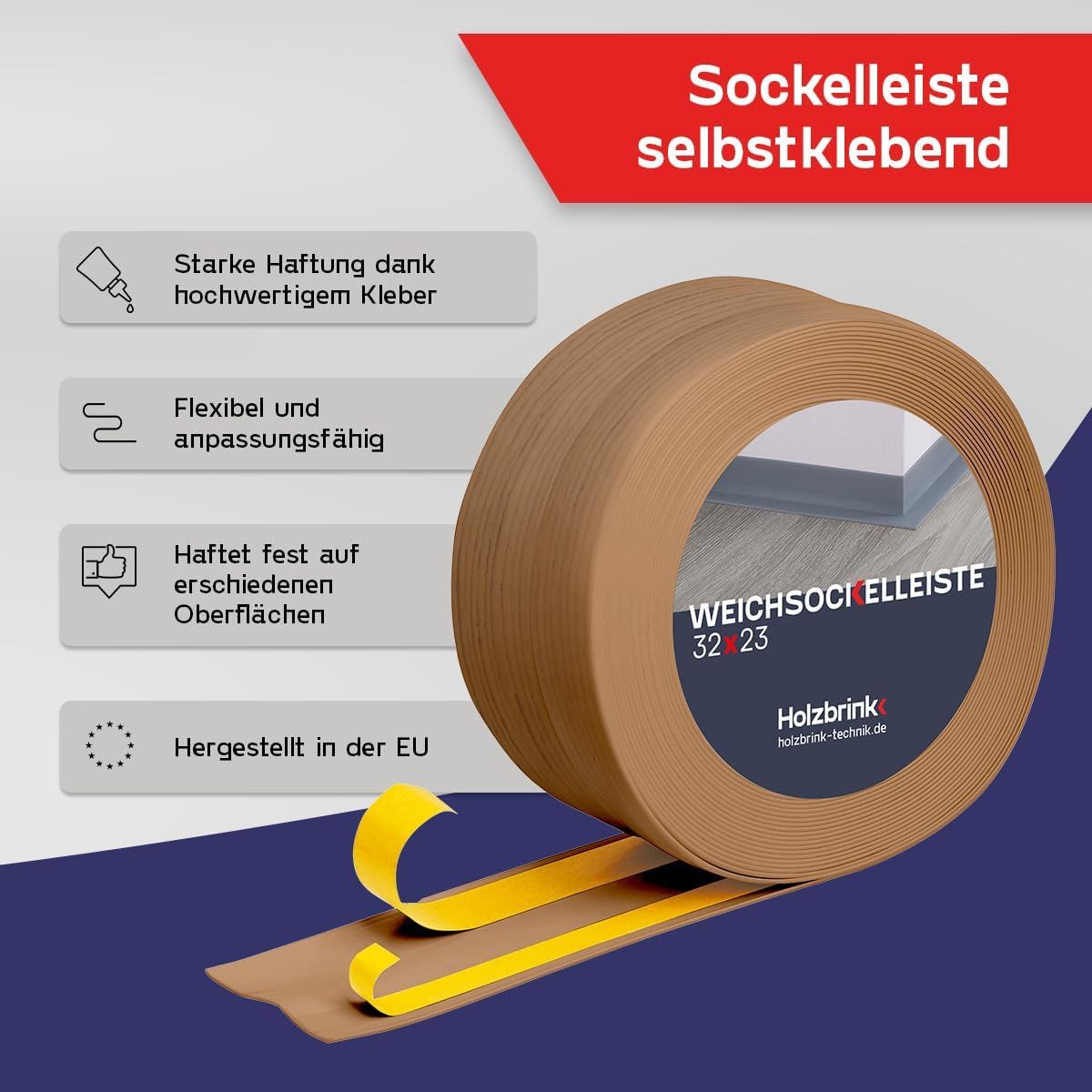 HOLZBRINK Sockelleiste PVC Weichsockelleiste selbstklebend 32x23mm Eiche Hell, L: 500 cm, 5m Rolle, Küchenabschlussleiste Arbeitsplatte, Fensterleiste, Fensterabdichtung