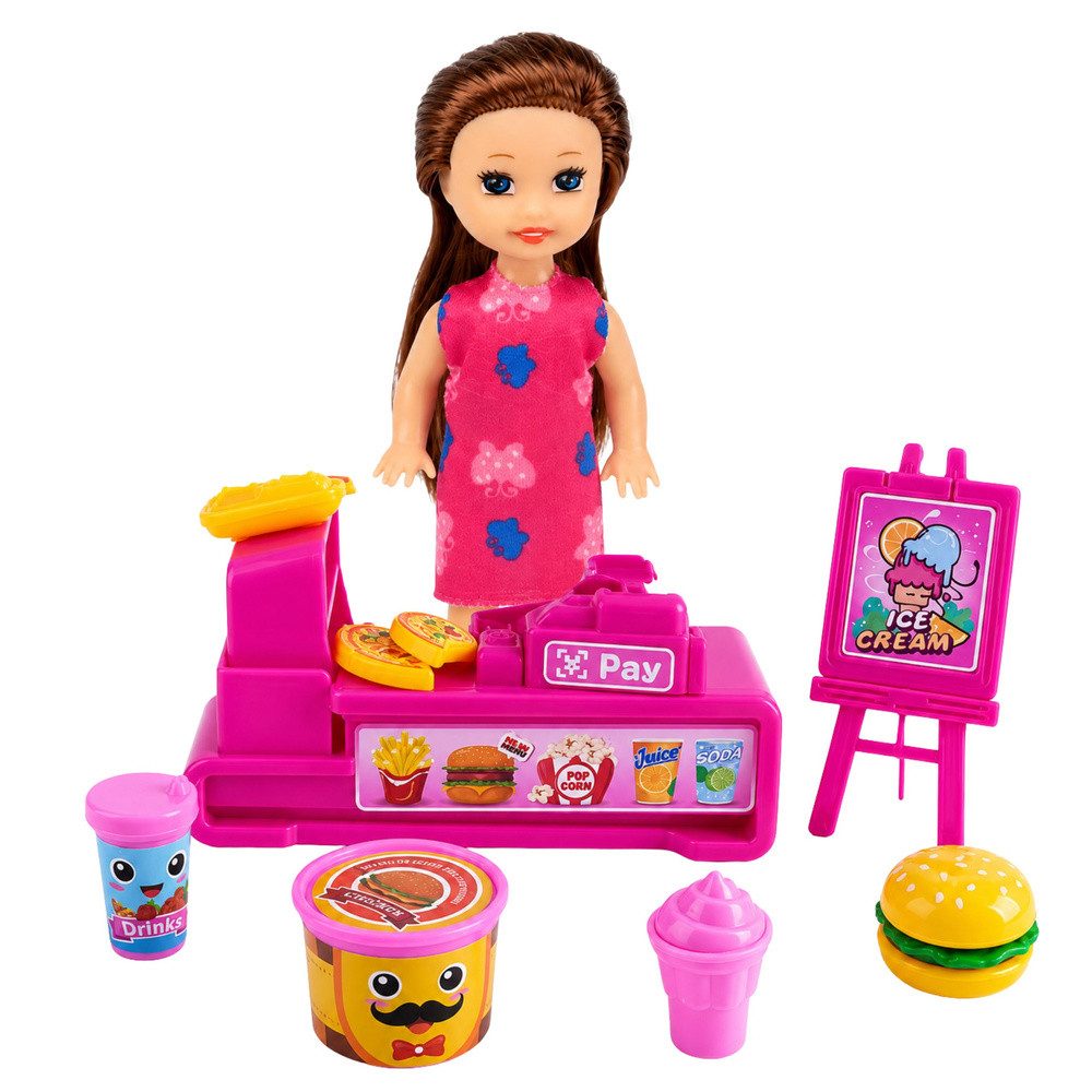 LEAN TOYS Puppen Spielcenter Imbissstand Kaufladen Rollenspielset, (Spar-Set, 1-tlg., 11 cm Puppe beweglich), Kasse, Imbissstand, Zubehör, 11 cm Puppe