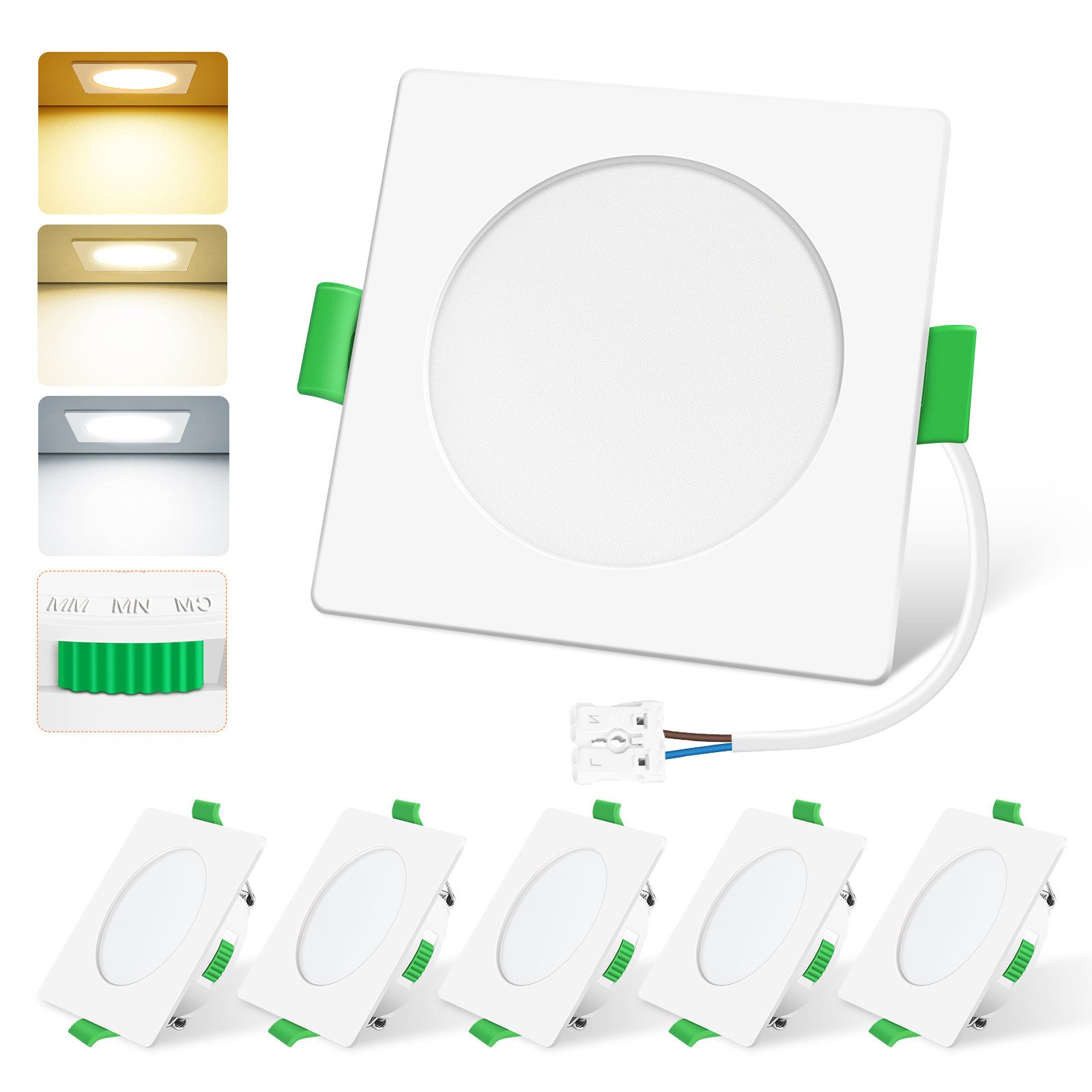 ALUSSO LED Einbaustrahler 6er-Set, Decken Leuchte, Flach Прожекторы für Bad, Wohnzimmer, 230V, 4W, 55-68mm, Quadrat, Weiß