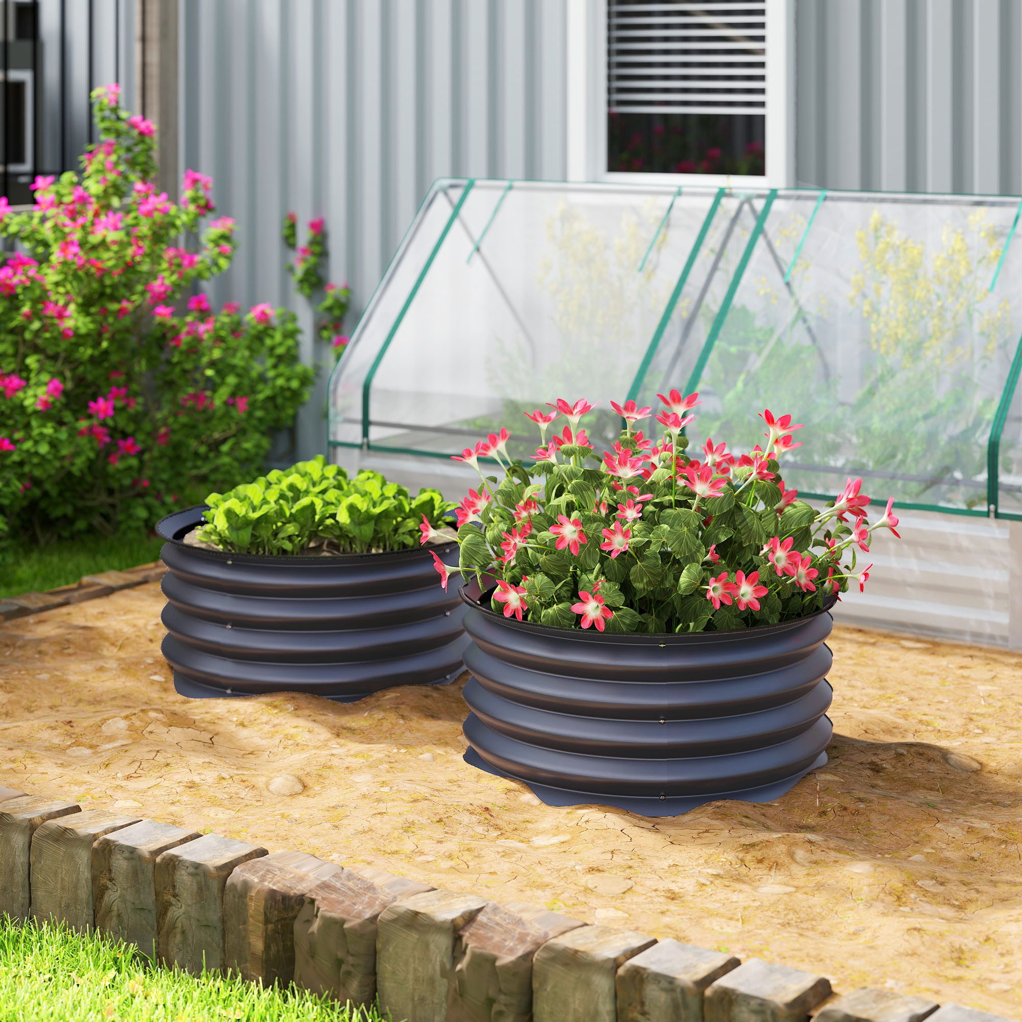 Outsunny Hochbeet Pflanzbeet, Frühbeet stapelbar, Pflanzkübel für Gemüse (Pflanzkasten, 2 St., Gemüsebeet), Ø60x30cm für Garten Balkon Terrasse, für Blumen, Pflanzen, Obst