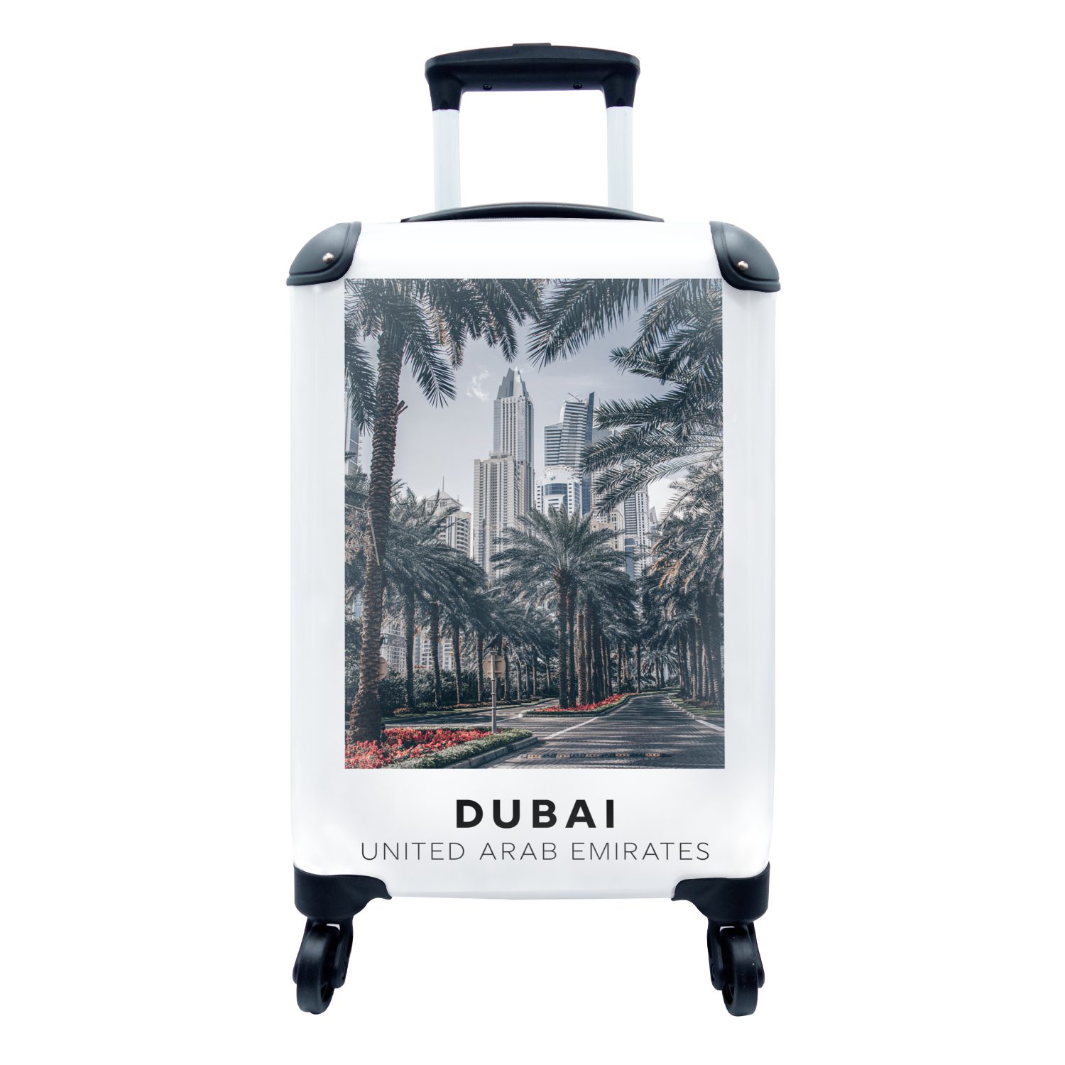 MuchoWow Handgepäckkoffer Dubai - Palme - Architektur, 4 Rollen, Reisetasche mit rollen, Handgepäck für Ferien, Trolley, Reisekoffer