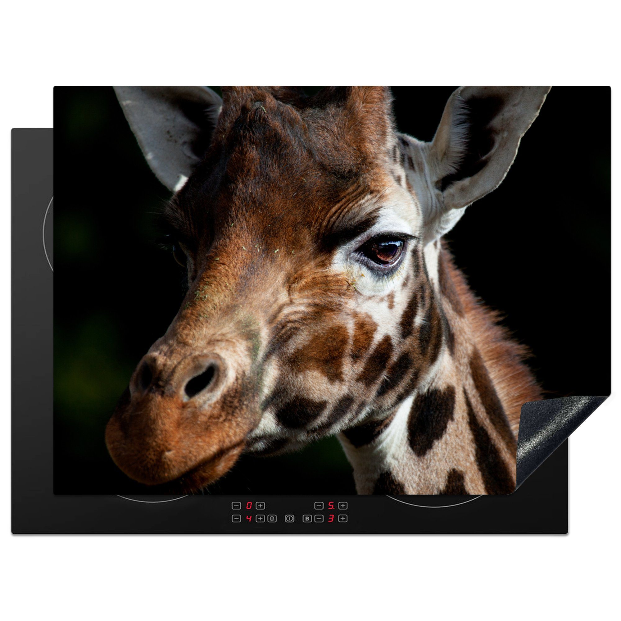 Schutz 71x52 Giraffe Leicht Herdblende-/Abdeckplatte die Schwarz, - für (1 küche, cm, tlg), Induktionskochfeld MuchoWow Vinyl, Ceranfeldabdeckung -