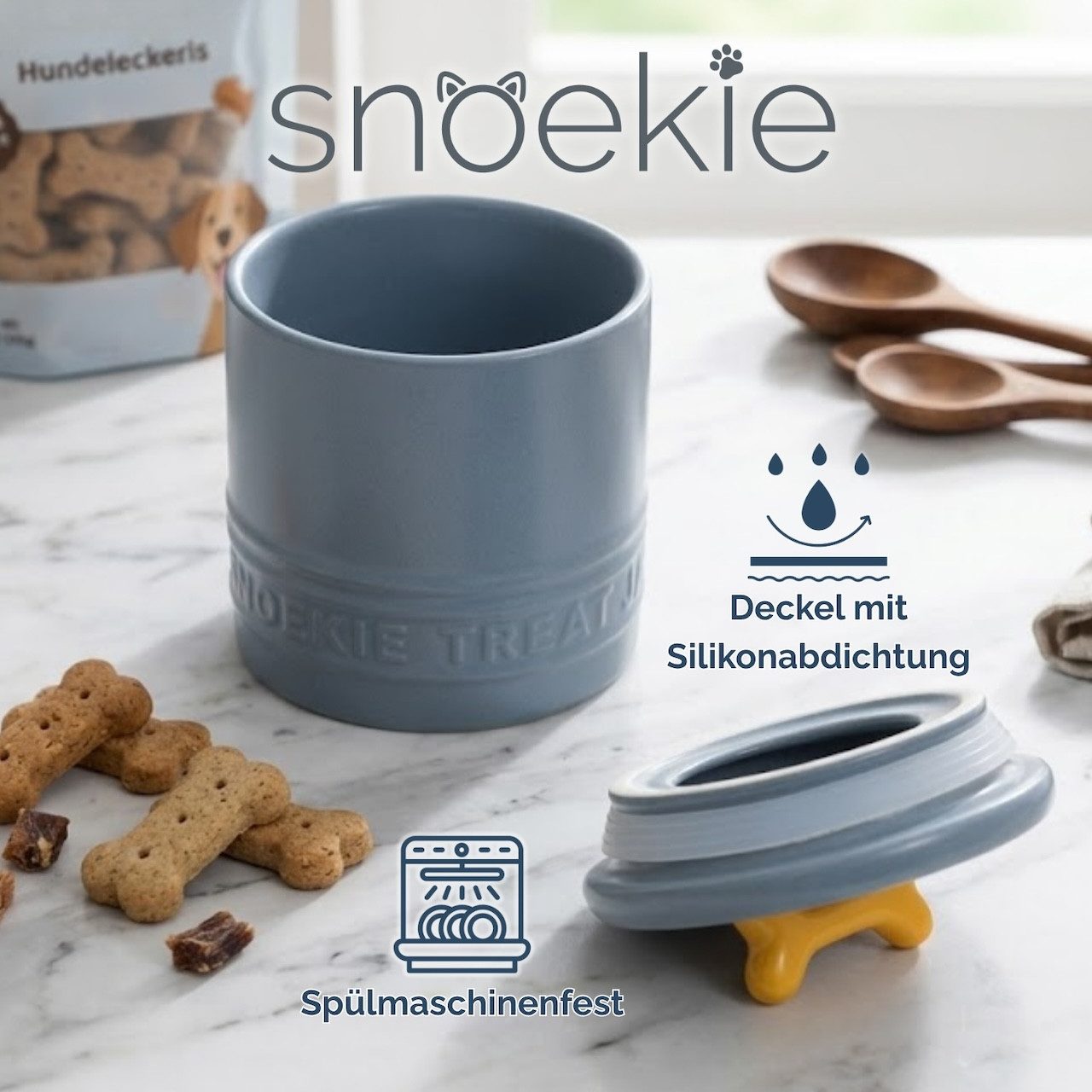 SNOEKIE Futterbehälter SNOEKIE Leckerlibehälter, Vorratsdose, Porzellan mit Silikondichtung, mit Silikondichtung,spülmaschinengeeignet