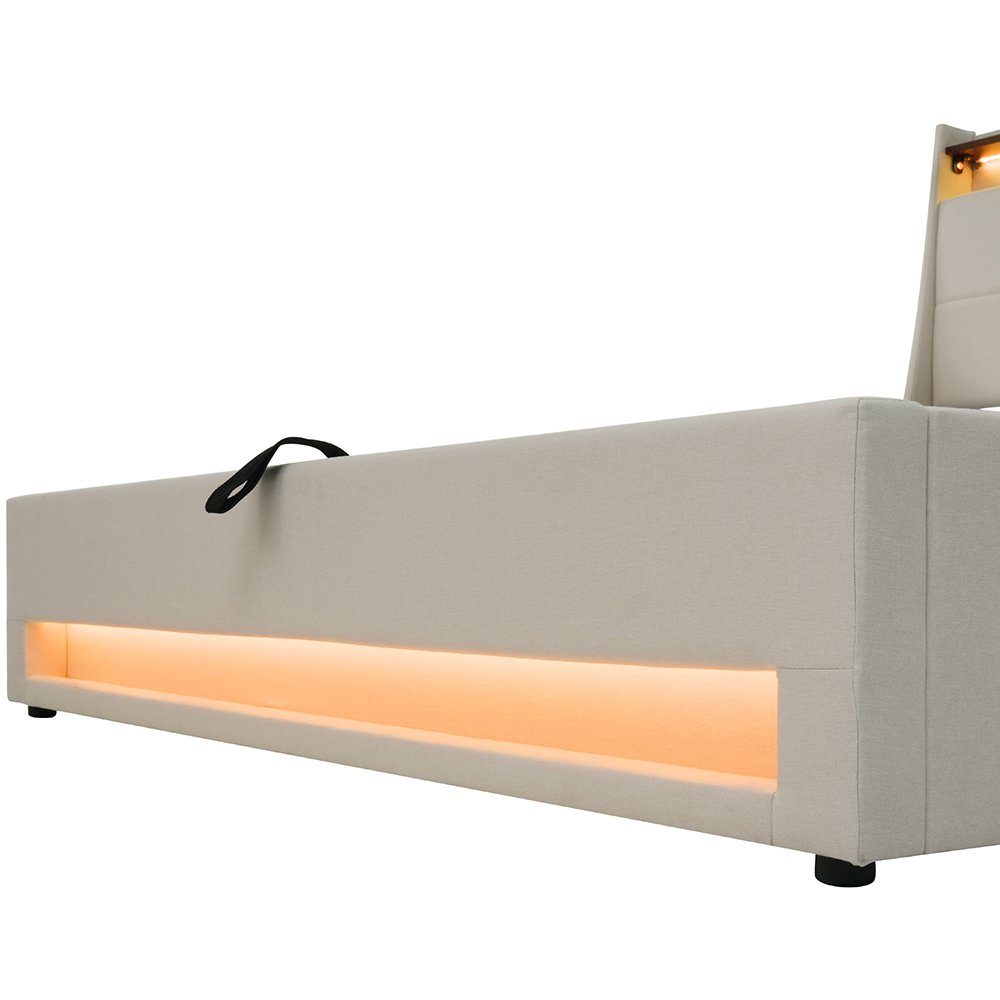 Polsterbett (Funktionsbett, 180x200 cm Hydraulisches Bett mit Lattenrost), Stauraumbett mit LED-Beleuchtung und USB-Anschluss, Baumwolle-Leinen