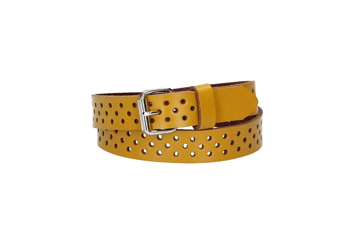 kiddybelts Ledergürtel Mini 20mm in Gelb mit durchgehender Lochung und dunkler Rollschließe (KB18-290, 1-St) sehr weiches Vollrindleder